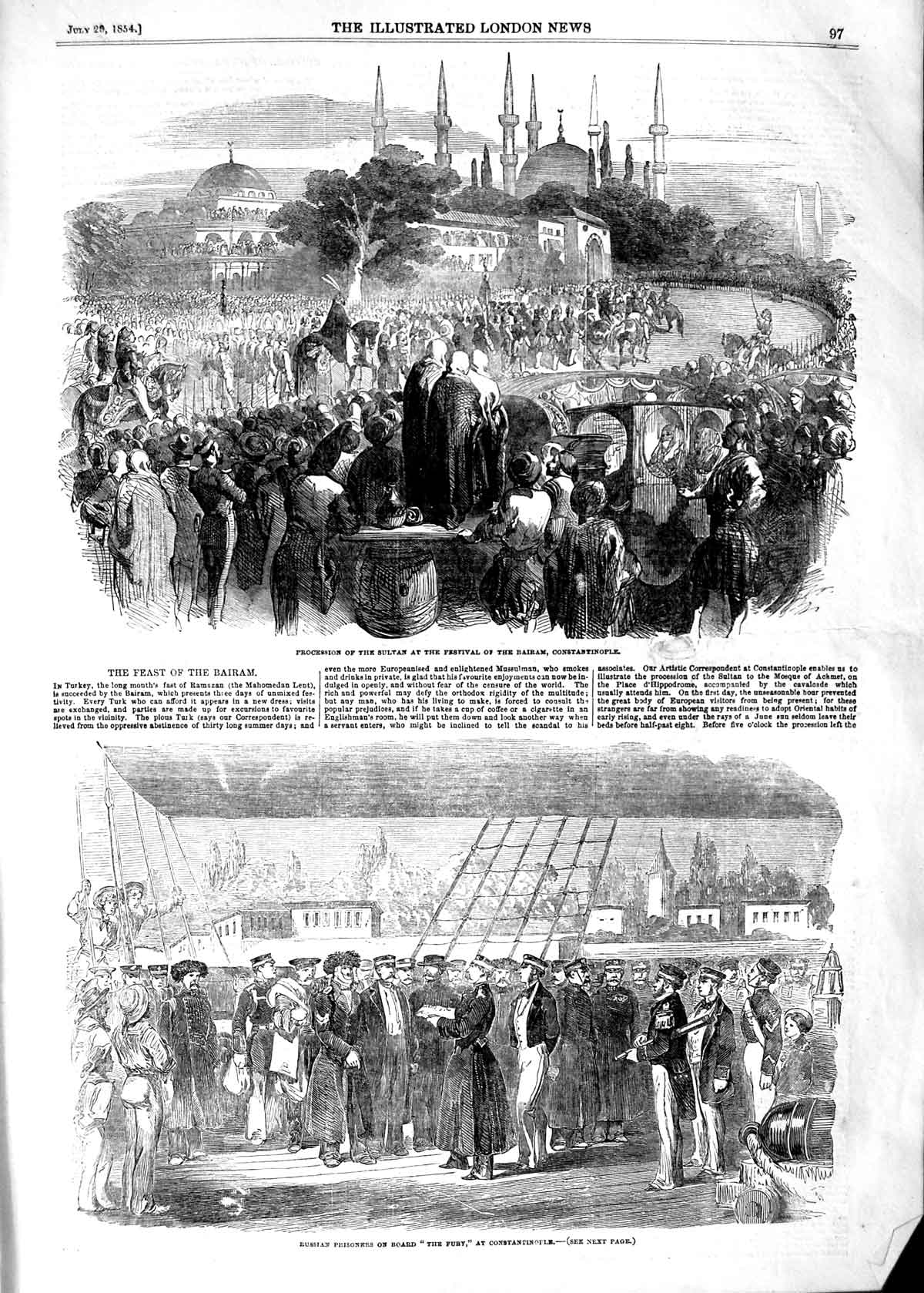 Old Antique Print 1854 Procession Sultan Constantinople Ship Fury Russian 19th