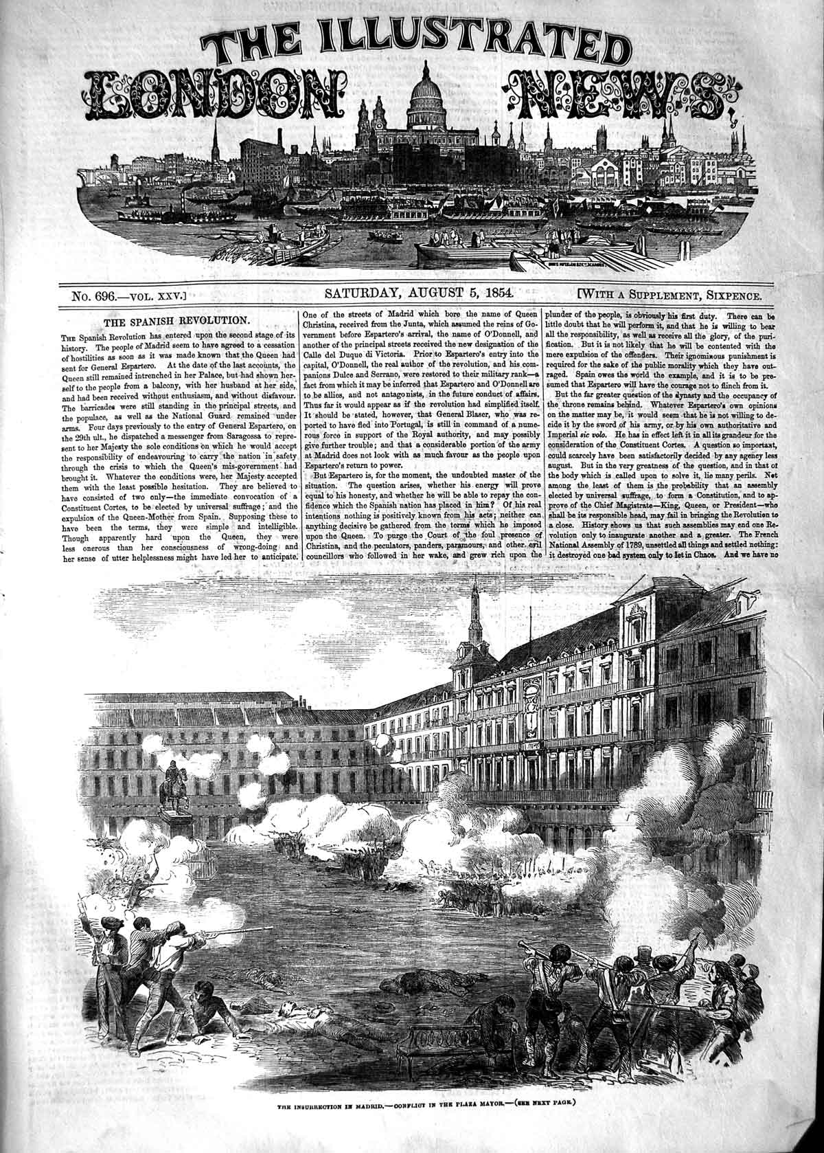 Original Old Antique Print 1854 Insurrection Madrid Conflict Plaza Mayo 19th