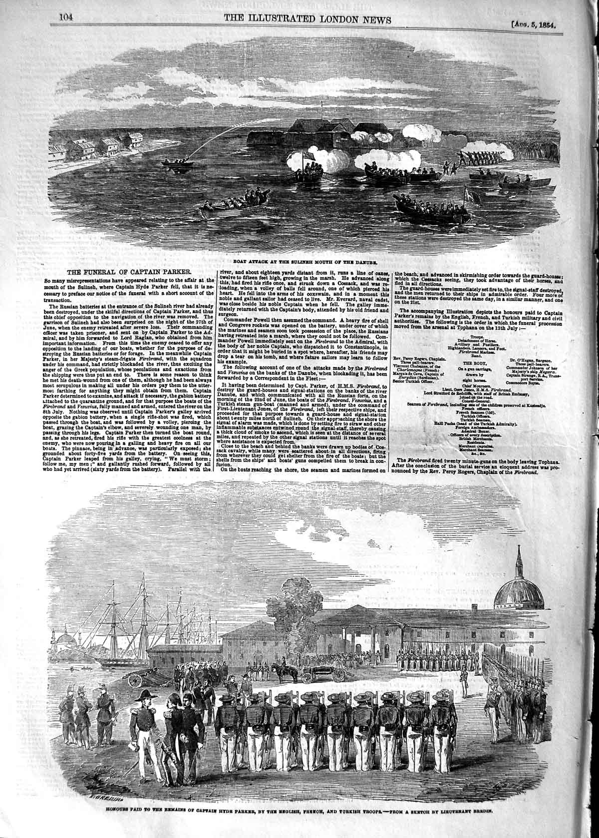 Old Antique Print 1854 Boat Attack Sulineh Danube Captain Parker Funeral 19th