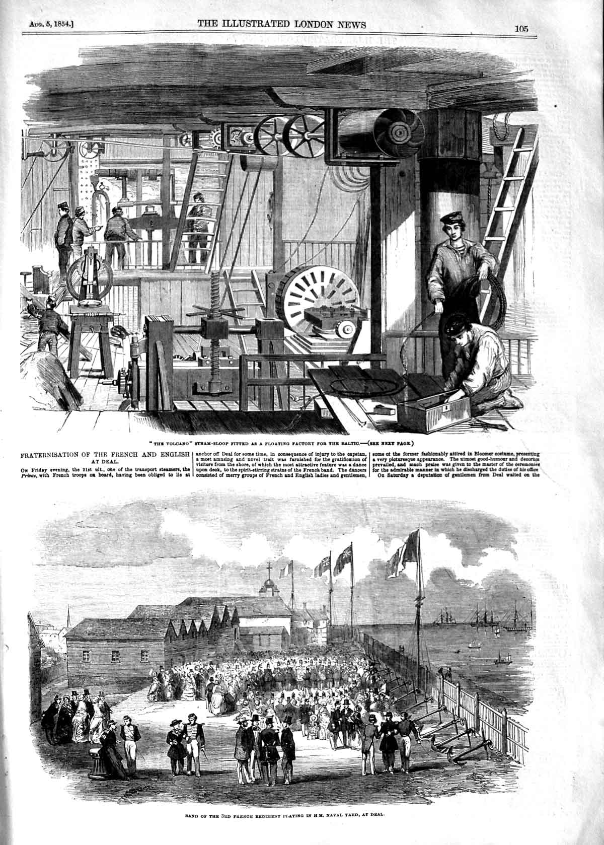 Original Old Antique Print 1854 Volcano Ship Floating Factory Baltic Naval Deal
