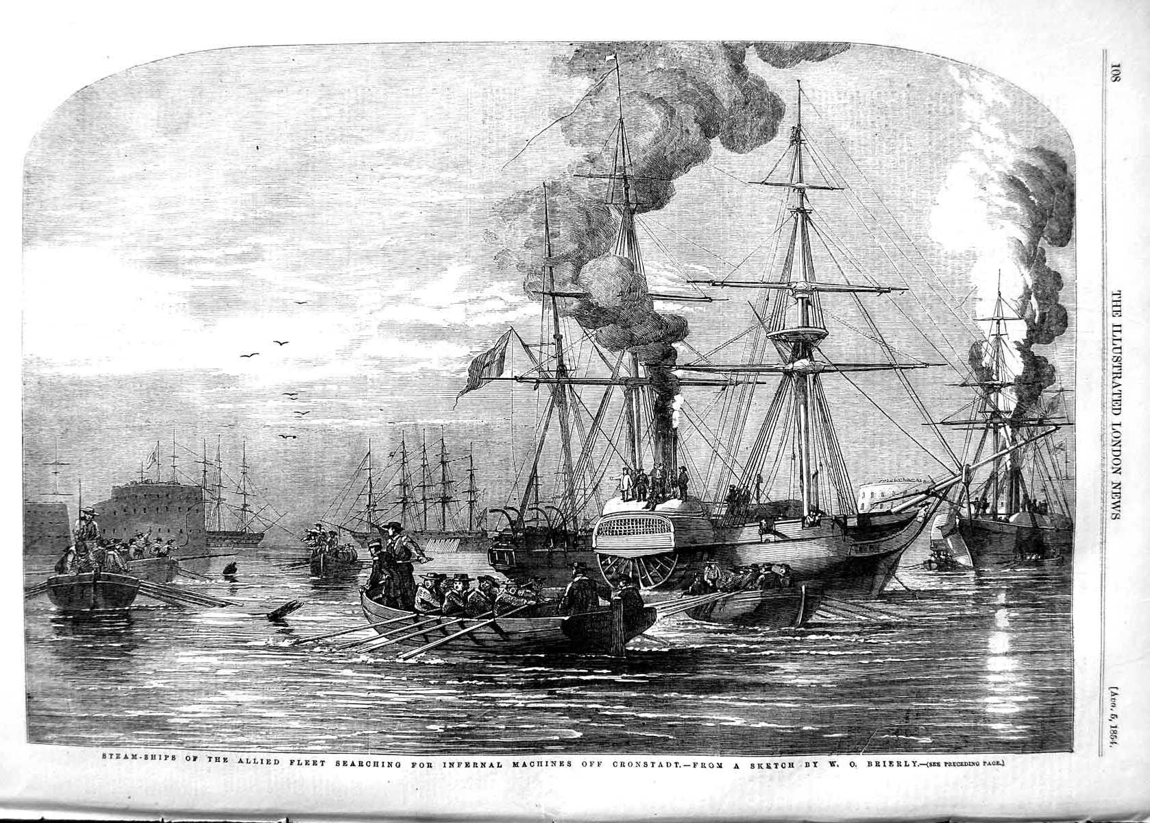Original Old Antique Print 1854 Steam Ships Allied Infernal Machines Cr 19th