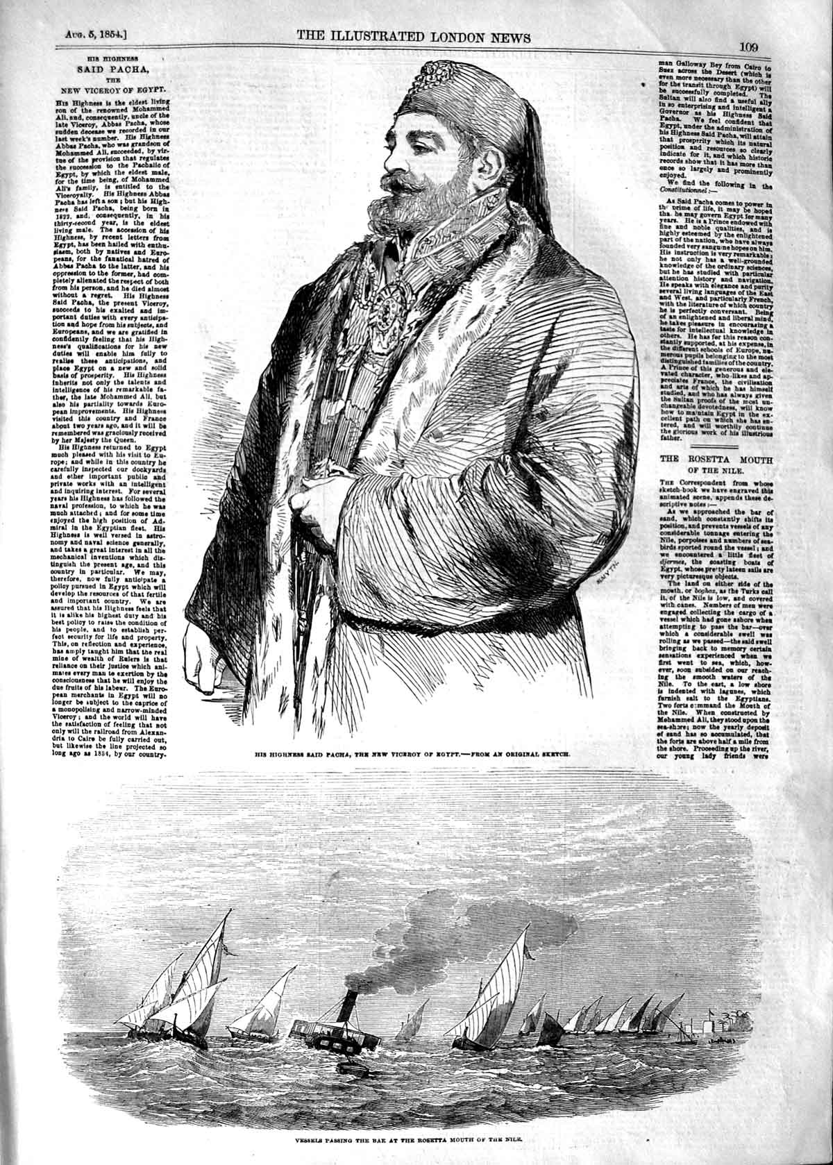 Original Old Antique Print 1854 Said Pacha Viceroy Egypt Ships Bar Rosetta Nile