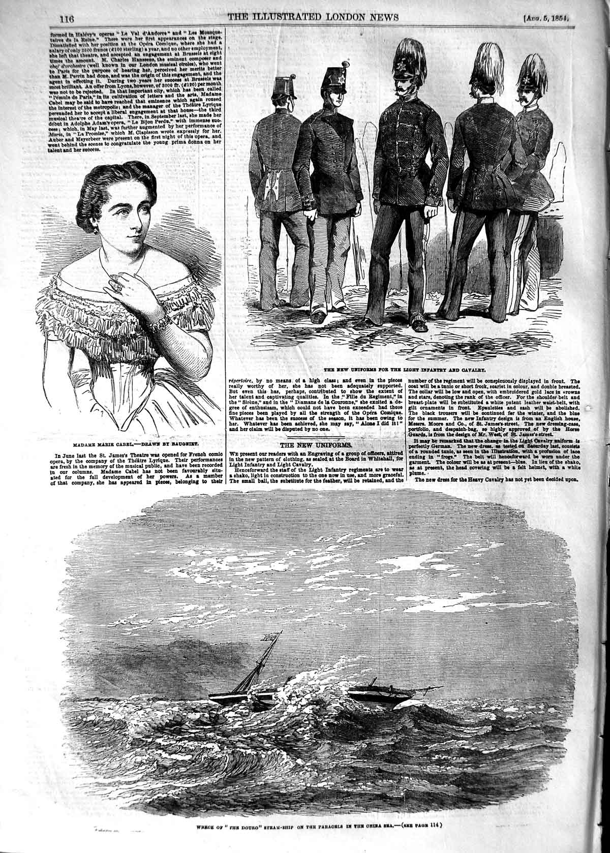 Original Old Antique Print 1854 Ship Douro China Sea Madame Cabel Army Uniforms