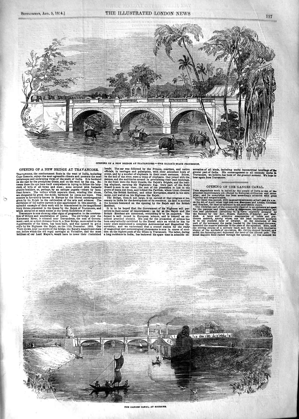 Original Old Antique Print 1854 Bridge Travencore Rajah Ganges Canal Victorian