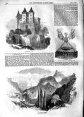 Original Old Antique Print 1854 Chateau Pau Eaux Bonnes Pyrenees Mountains 19th