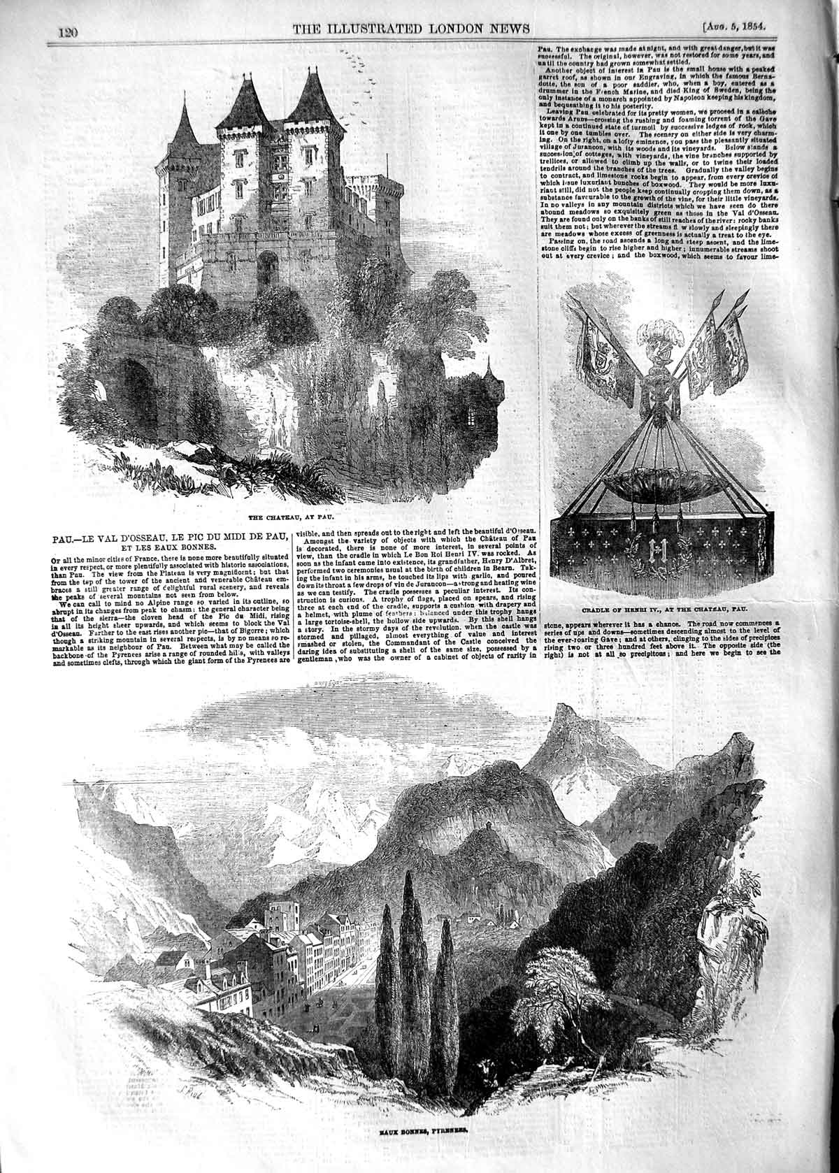 Original Old Antique Print 1854 Chateau Pau Eaux Bonnes Pyrenees Mountains 19th