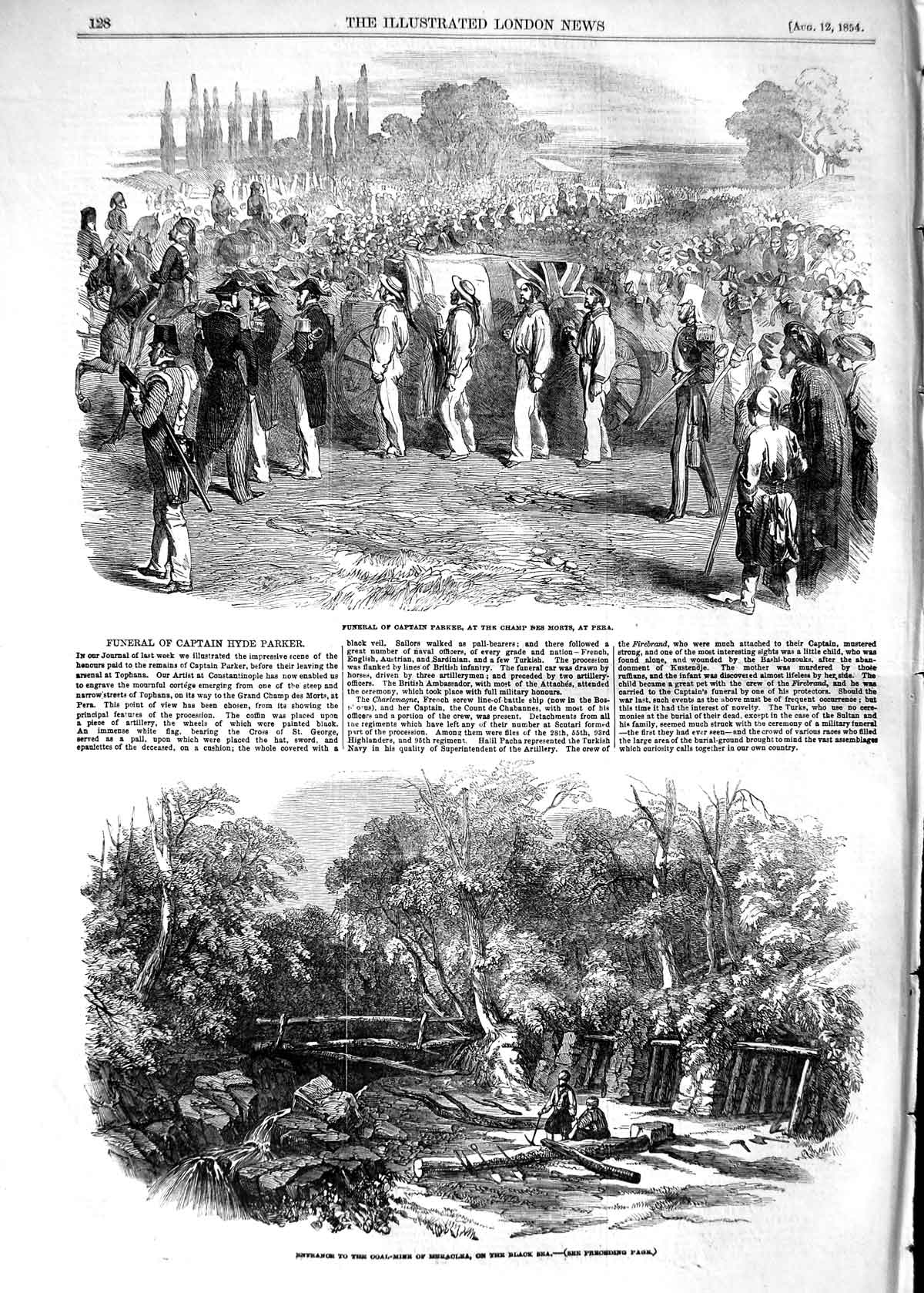Original Old Antique Print 1854 Funeral Captain Parker Pera Coal-Mine Black Sea