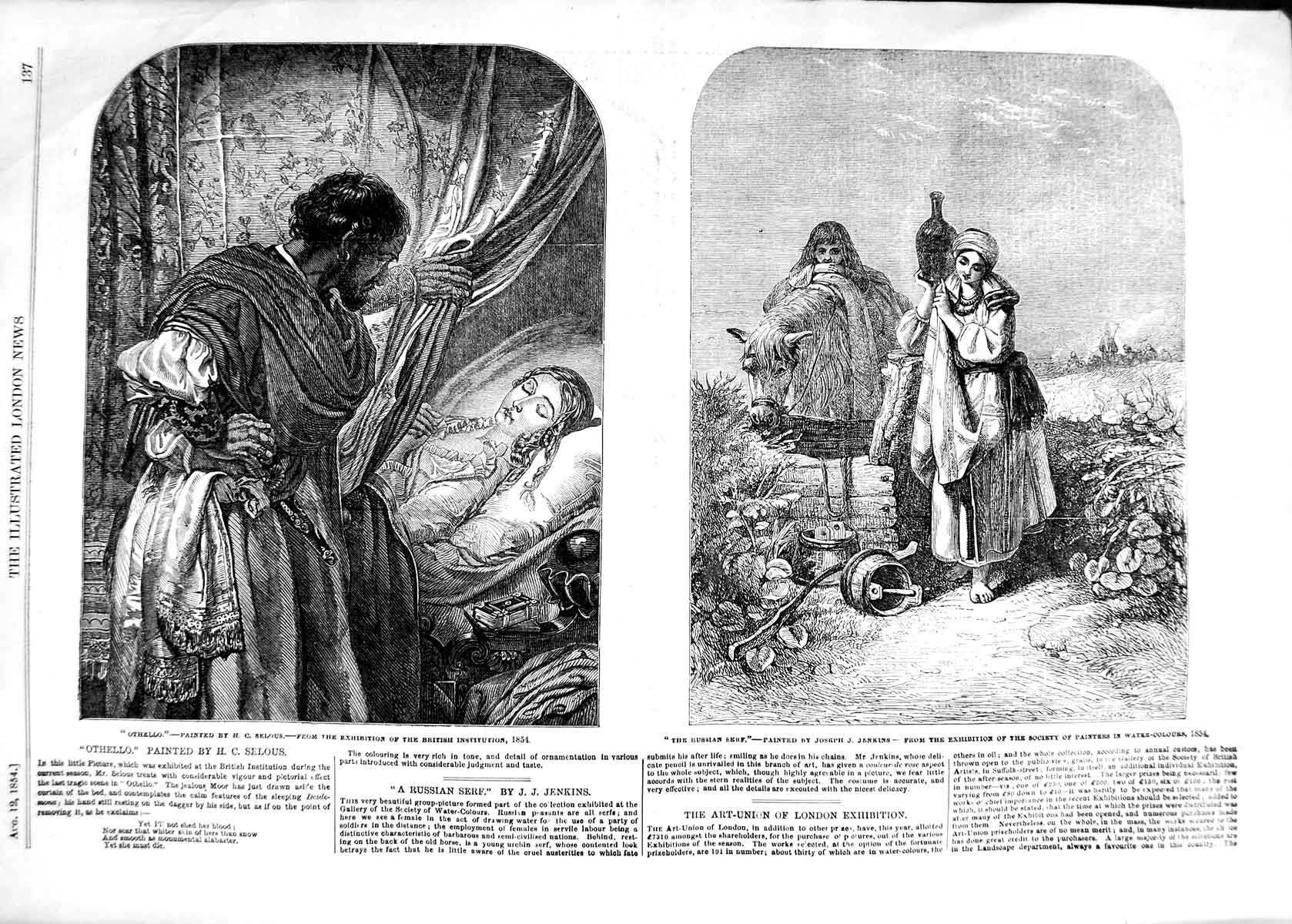 Original Old Antique Print 1854 Othello Man Sleeping Lady Russian Serf Water