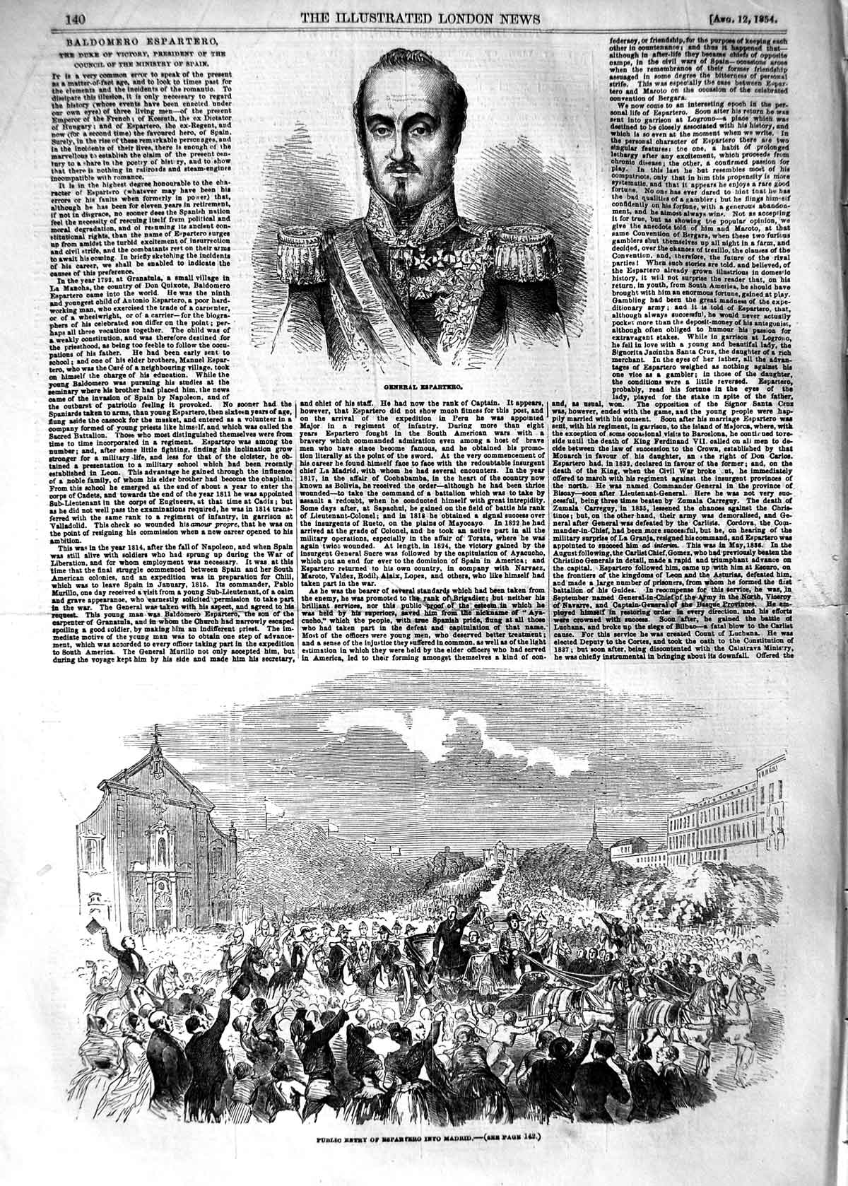 Original Old Antique Print 1854 General Espartero Public Entry Madri Victorian
