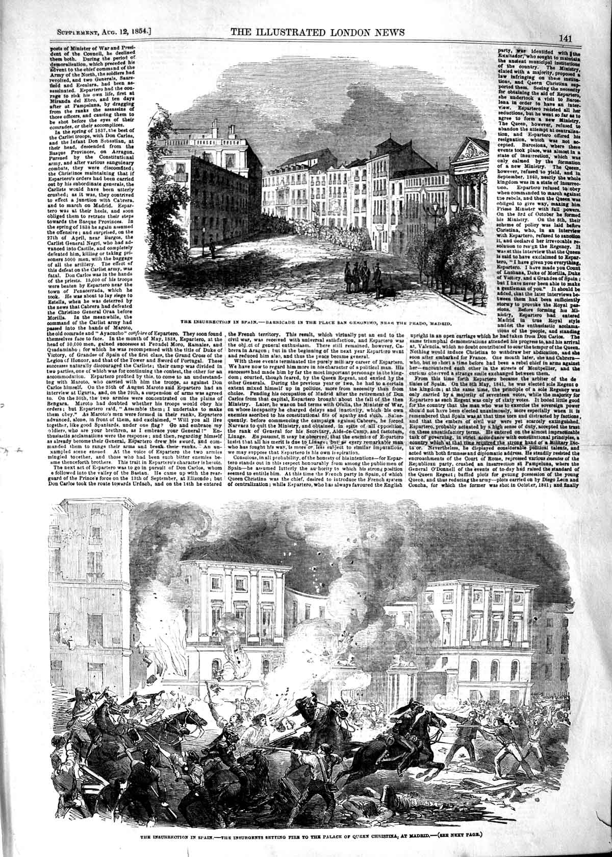 Original Old Antique Print 1854 Insurrection Spain Geronimo Madrid Palac 19th