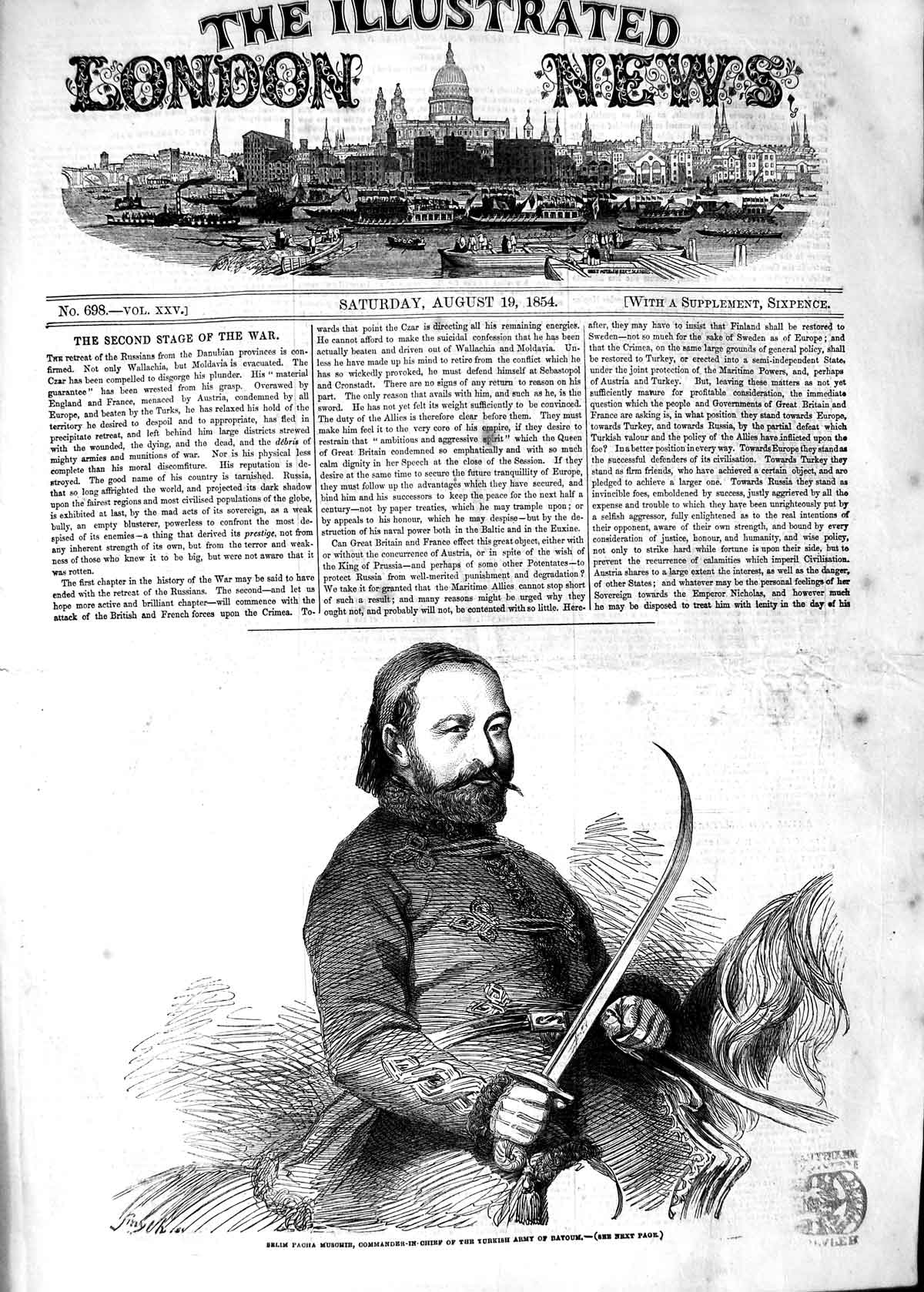 Old Antique Print 1854 Selim Pacha Muschir Commander-In-Chief Batoum Army 19th