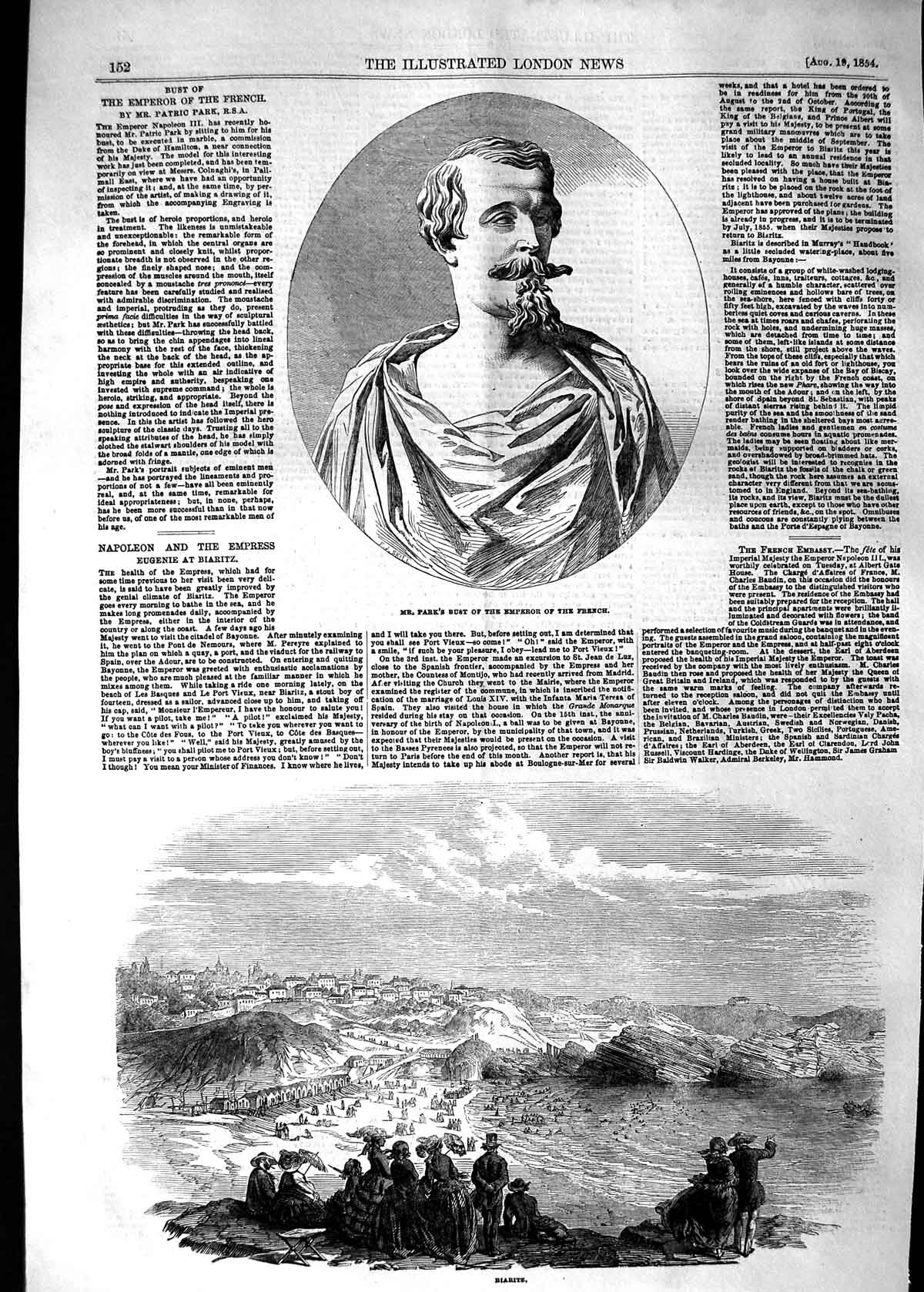Old Antique Print 1854 Mr. Park Bust Emperor French View Biaritz France 19th