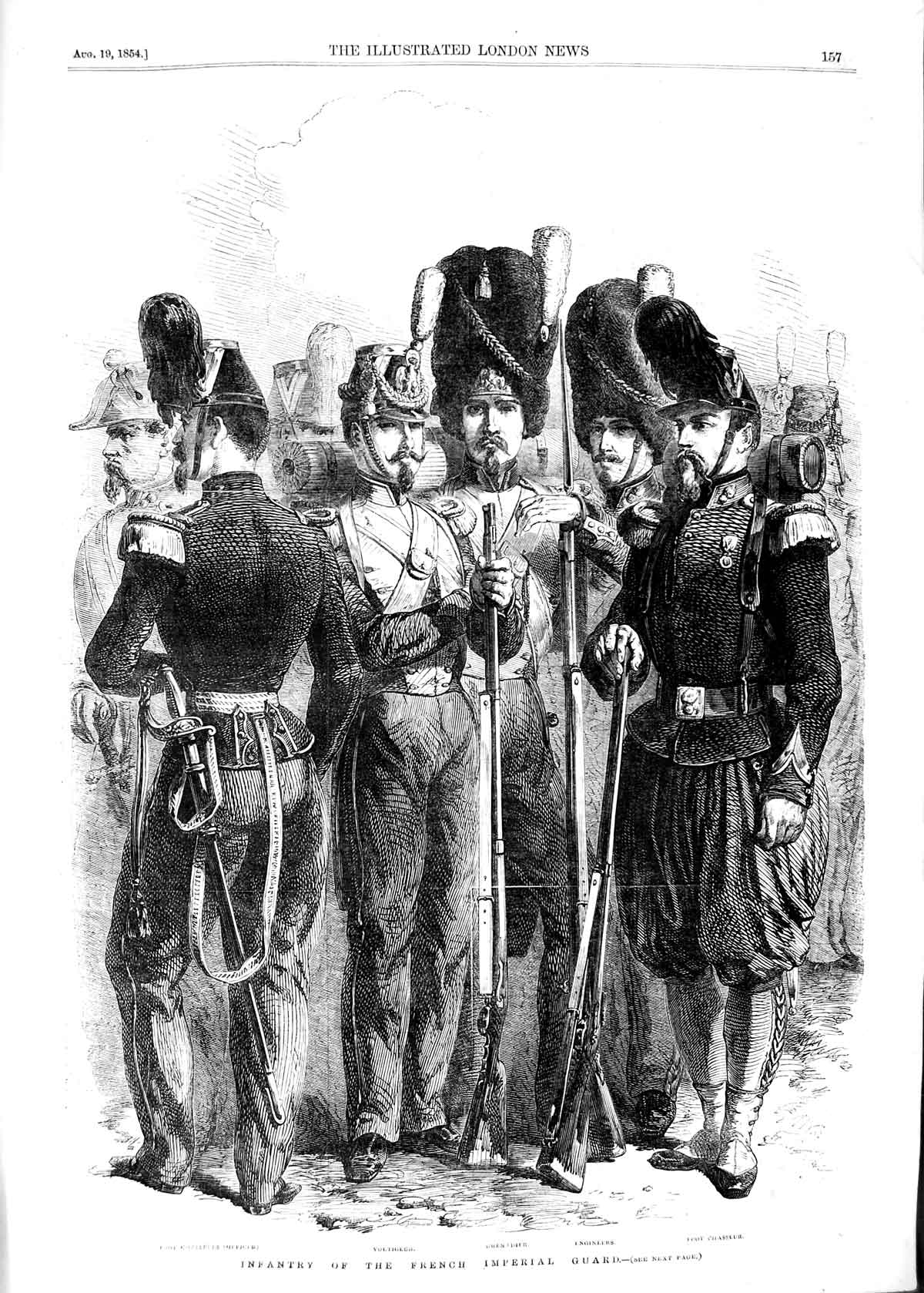 Old Antique Print 1854 French Imperial Guard Chasseurs Voltigeur Engineer 19th