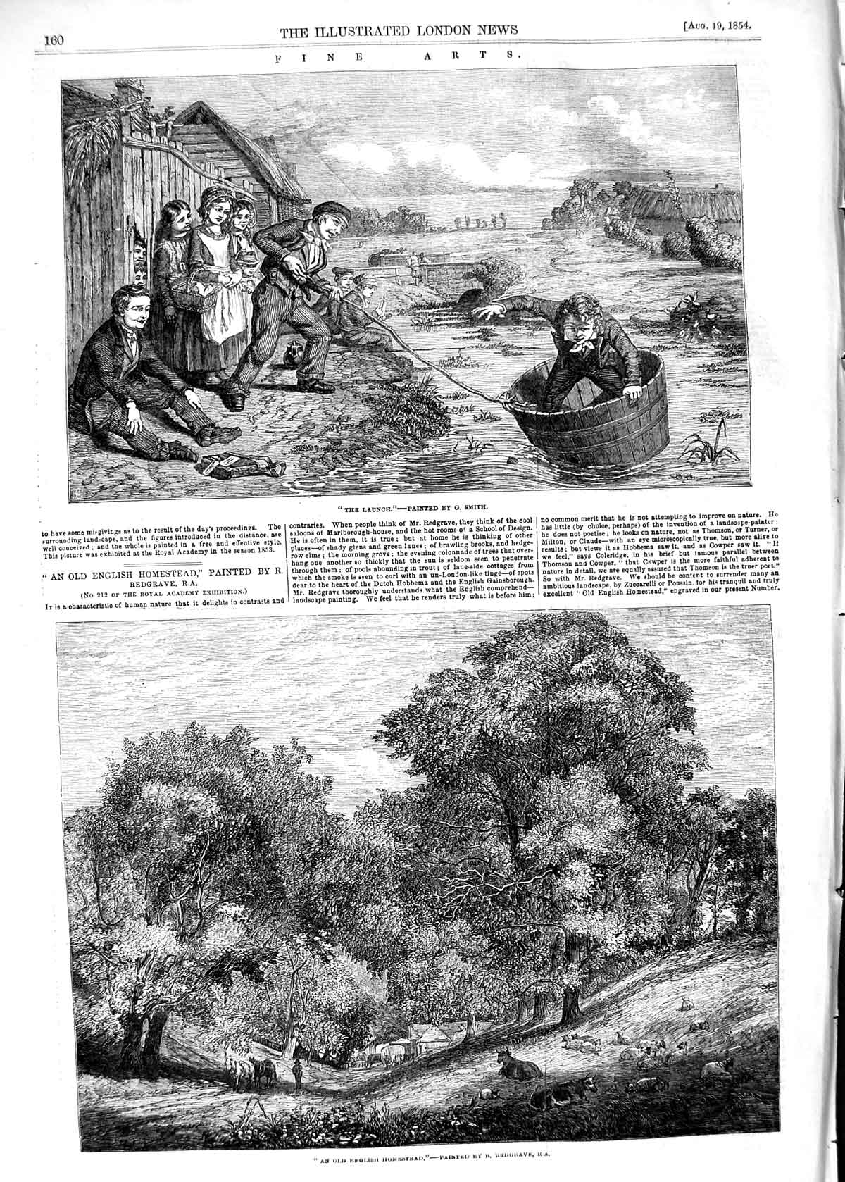 Original Old Antique Print 1854 Children River Tub English Homestead Country