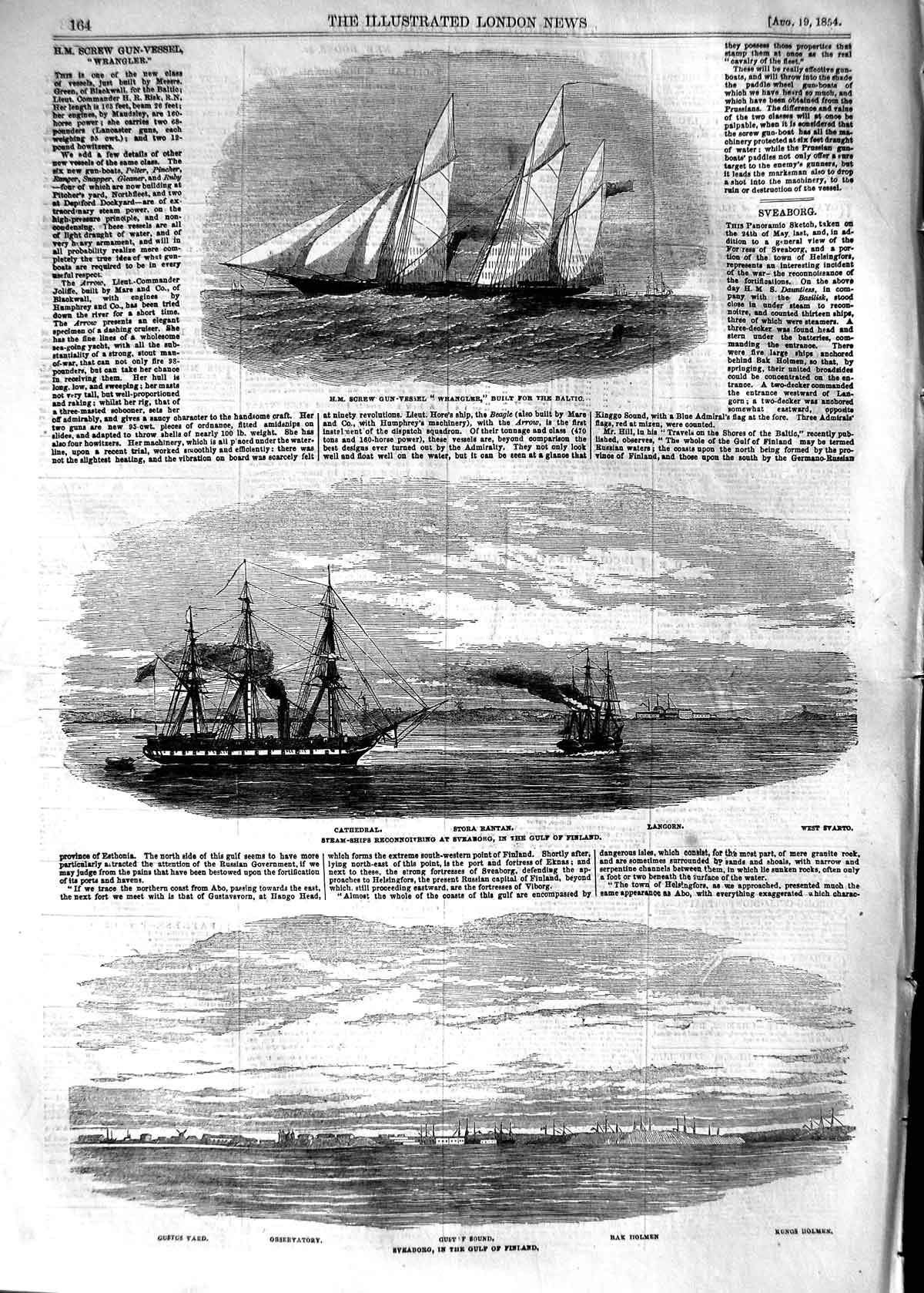 Old Antique Print 1854 Sveaborg Finland Ships Wrangler Observatory Holmen 19th