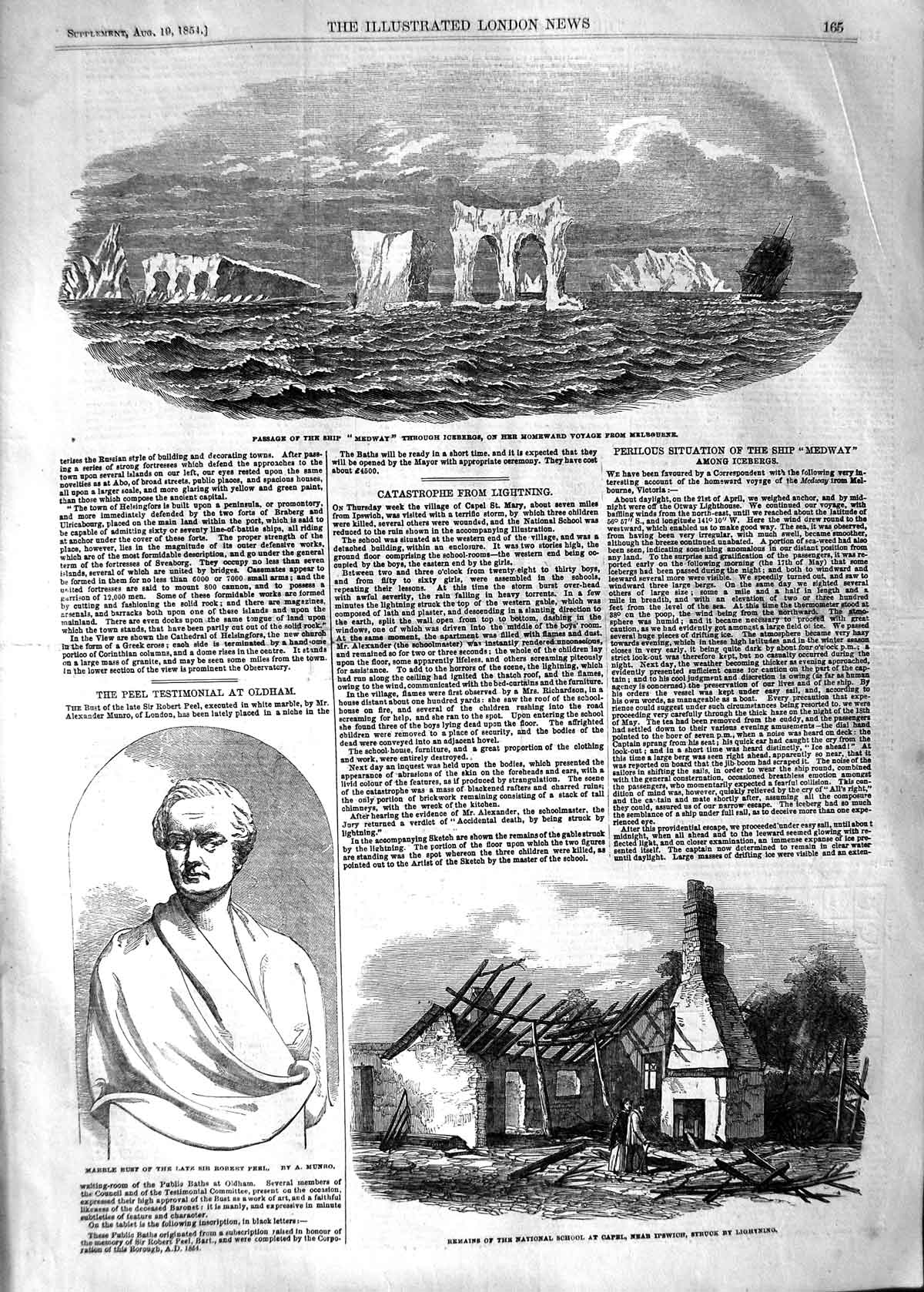 Original Old Antique Print 1854 Ship Medway Iceberg Robert Peel School Ipswich