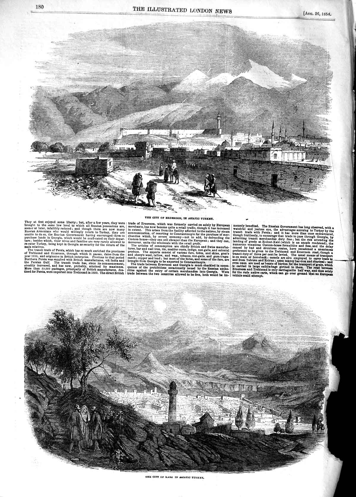Old Antique Print 1854 View City Erzeroom Asiatic Turkey Kars Mountains 19th