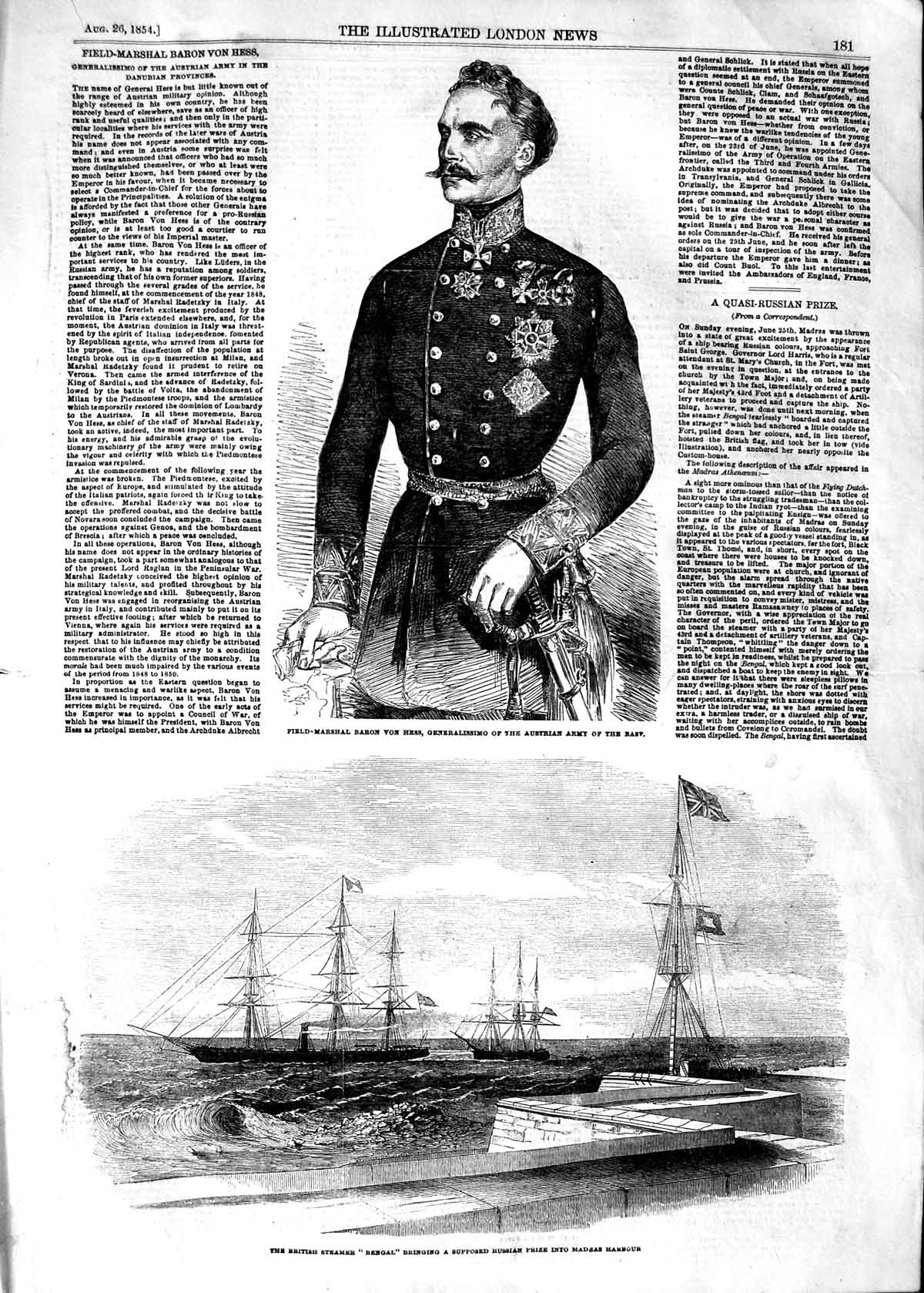 Old Antique Print 1854 Field-Marshal Baron Von Hess British Ship Bengal 19th