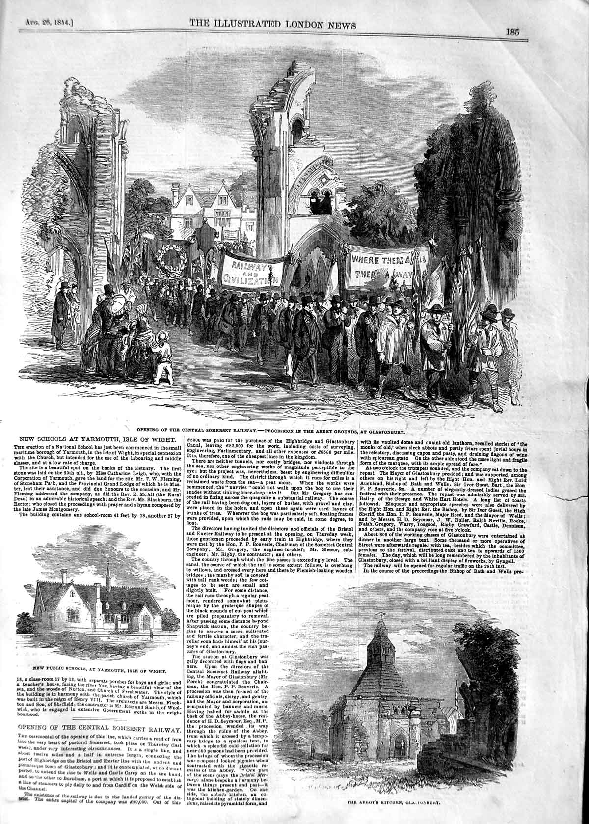 Old Antique Print 1854 Somerset Railway Glastonbury School Yarmouth Isle 19th
