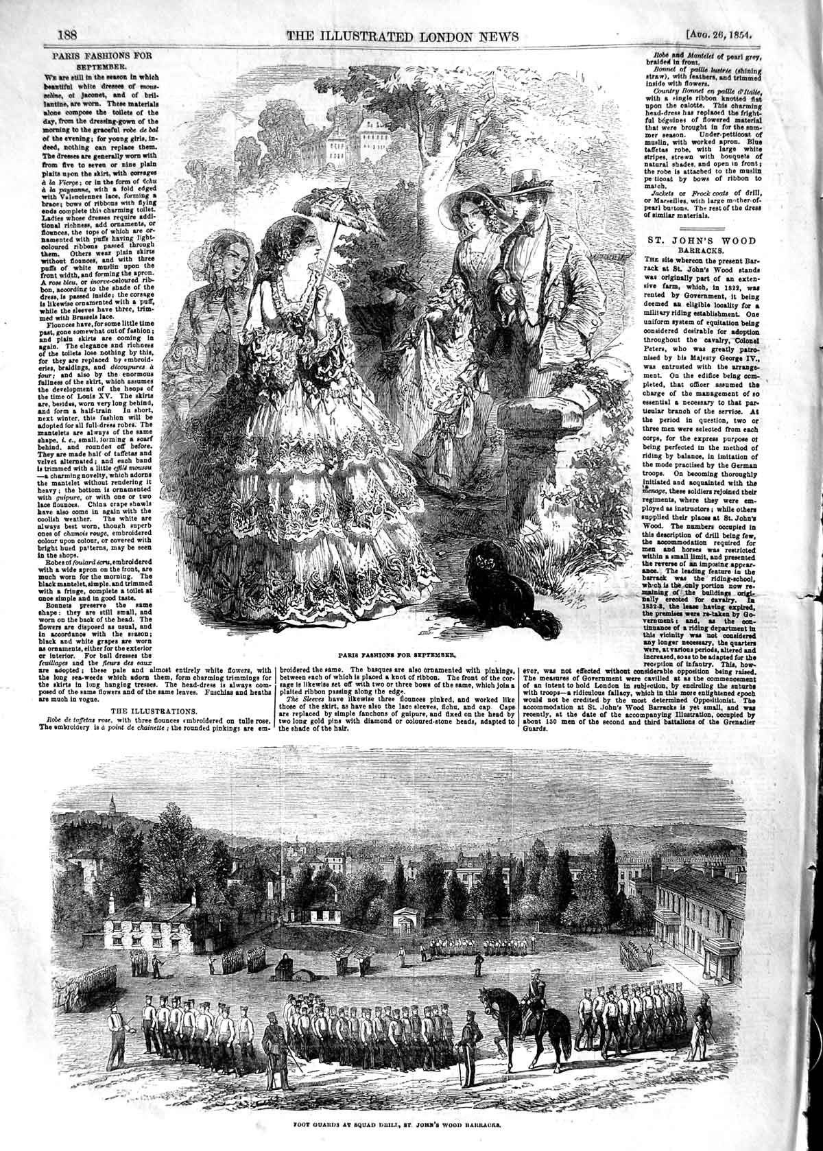 Original Old Antique Print 1854 Paris Fashion Foot Guards Drill John'S Barracks