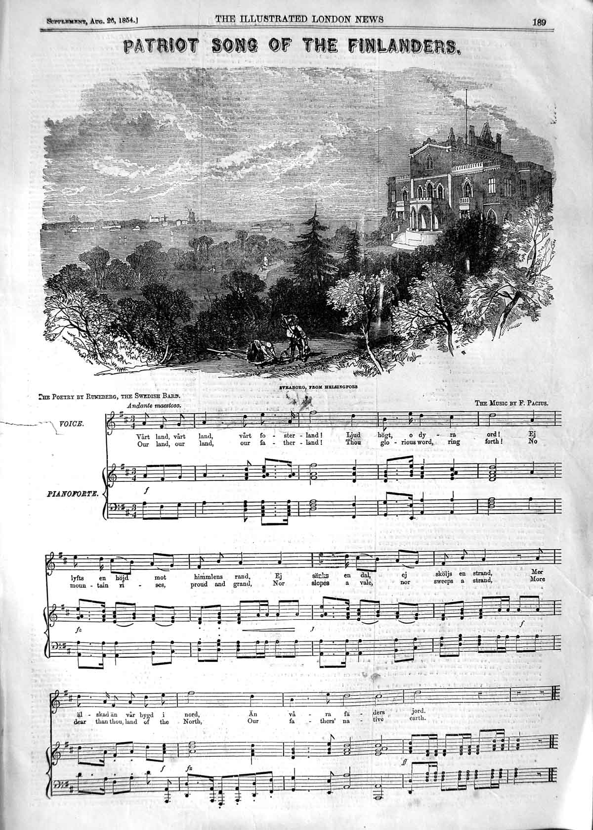 Original Old Antique Print 1854 Music Patriot Song Finland Sveaborg Hels 19th