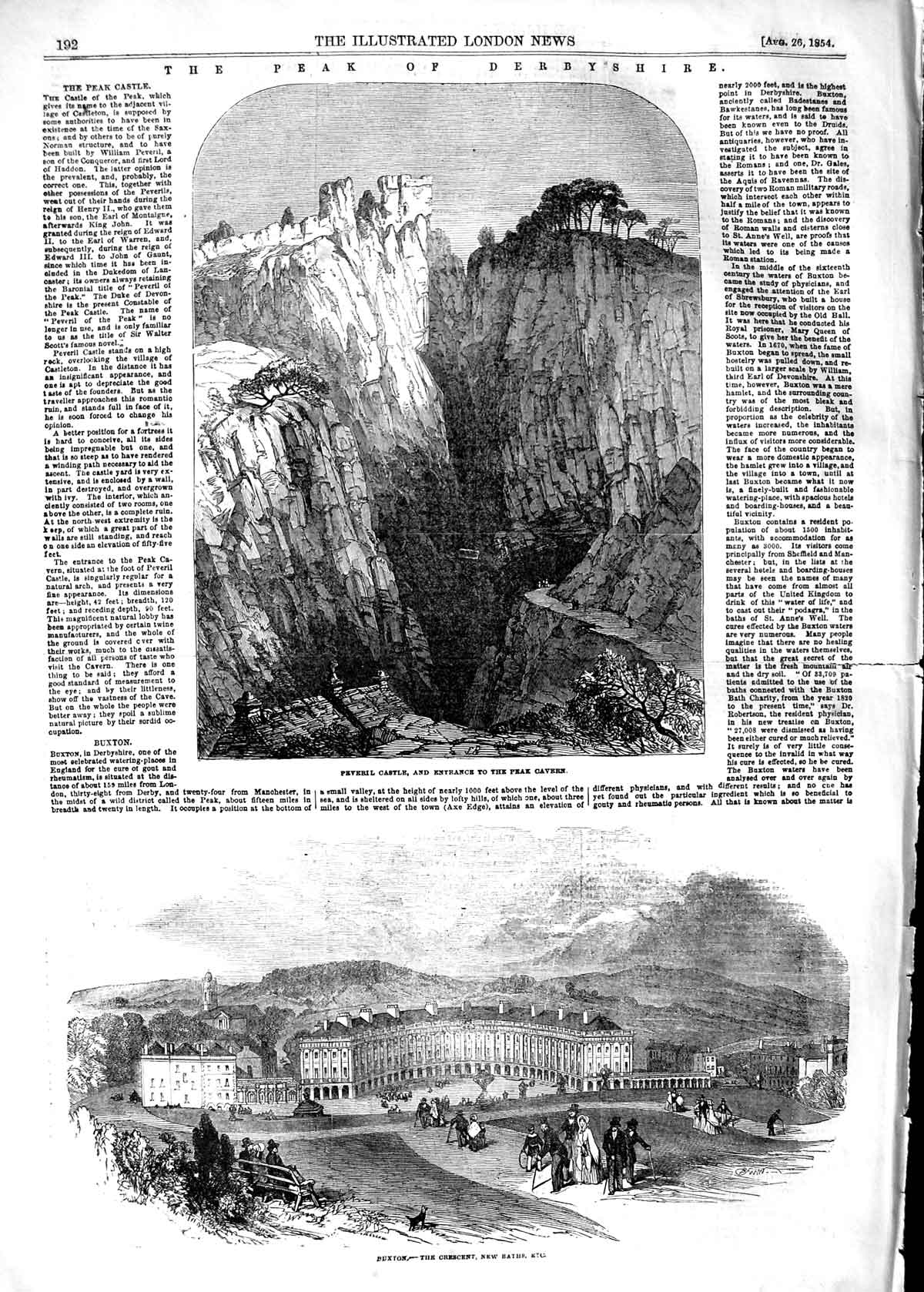 Old Antique Print 1854 Peveril Castle Peak Cavern Derbshire Buxton Baths 19th