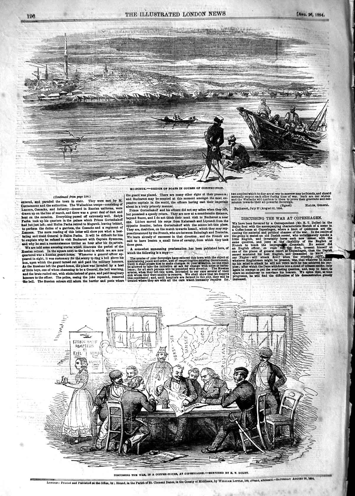 Old Antique Print 1854 Rustchuk Bridge Boats War Copenhagen Coffee House 19th