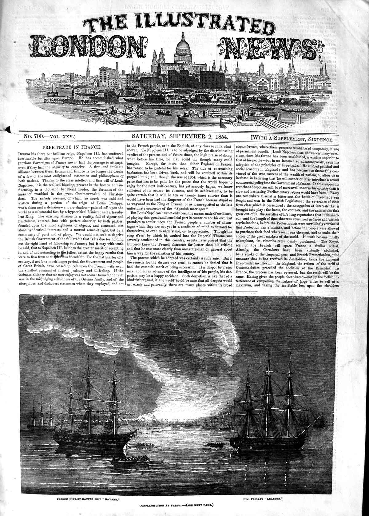 Original Old Antique Print 1854 Conflagration Varna Leander Bayard War Ships