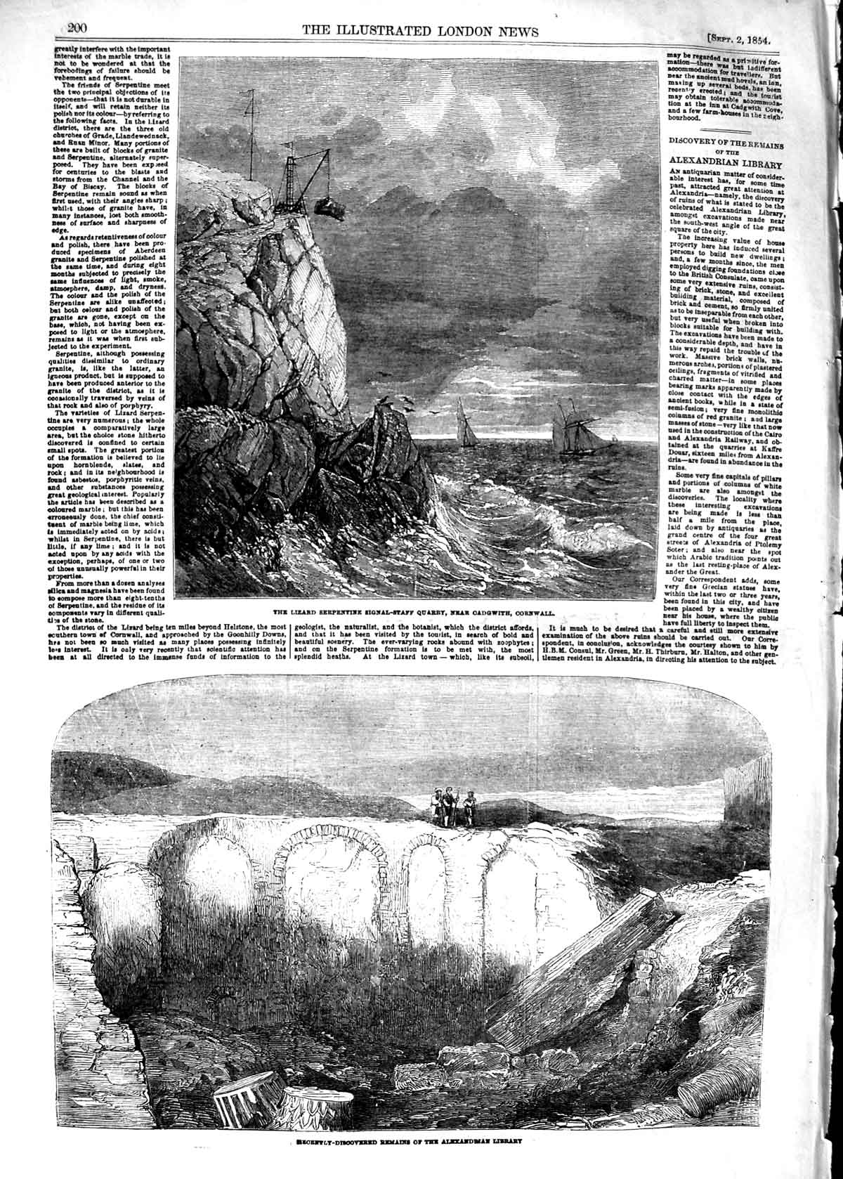 Original Old Antique Print 1854 Lizard Serpentine Cornwall Alexandrian 19th
