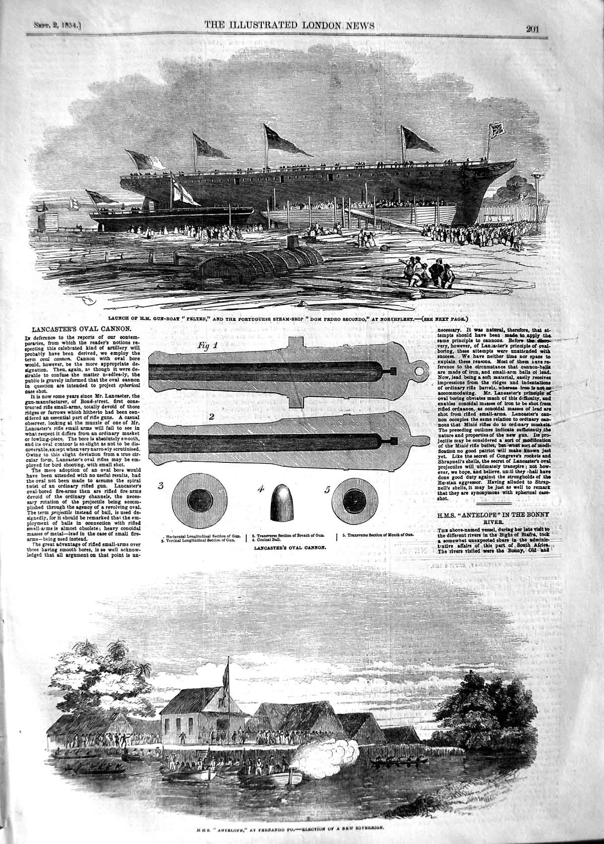 Original Old Antique Print 1854 Ship Gun Boat Pelter Dom Secondo Antelope Ship