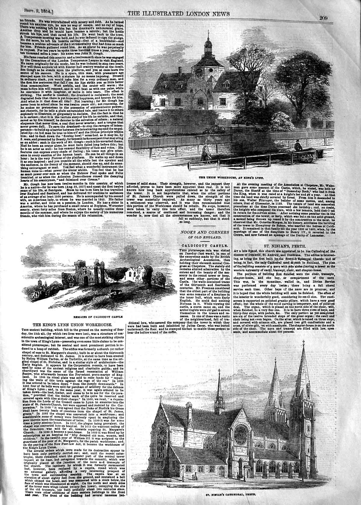 Original Old Antique Print 1854 Workshop King'S Lynn Caldicott Castle Ninian'S