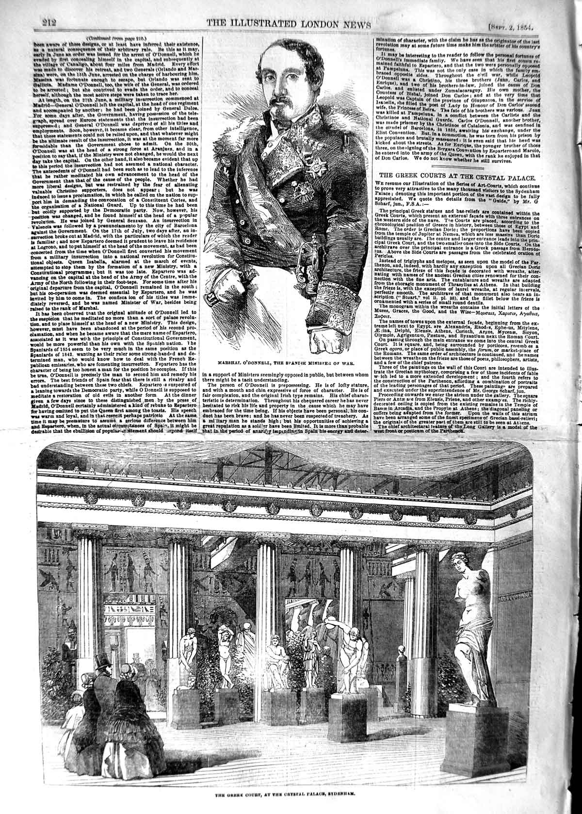 Original Old Antique Print 1854 Greek Court Crystal Palace Sydenham O'Donn 19th