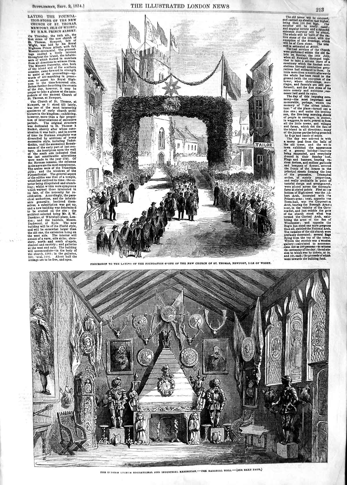 Old Antique Print 1854 Church Thomas Newport Isle Wight Lyceum Baronial 19th