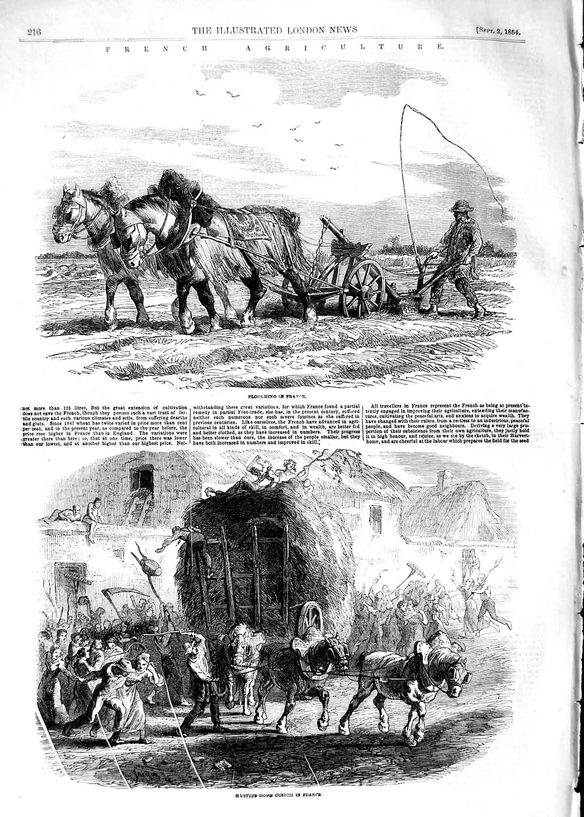 Old Antique Print 1854 French Agriculture Ploughing Harvest Home Customs 19th