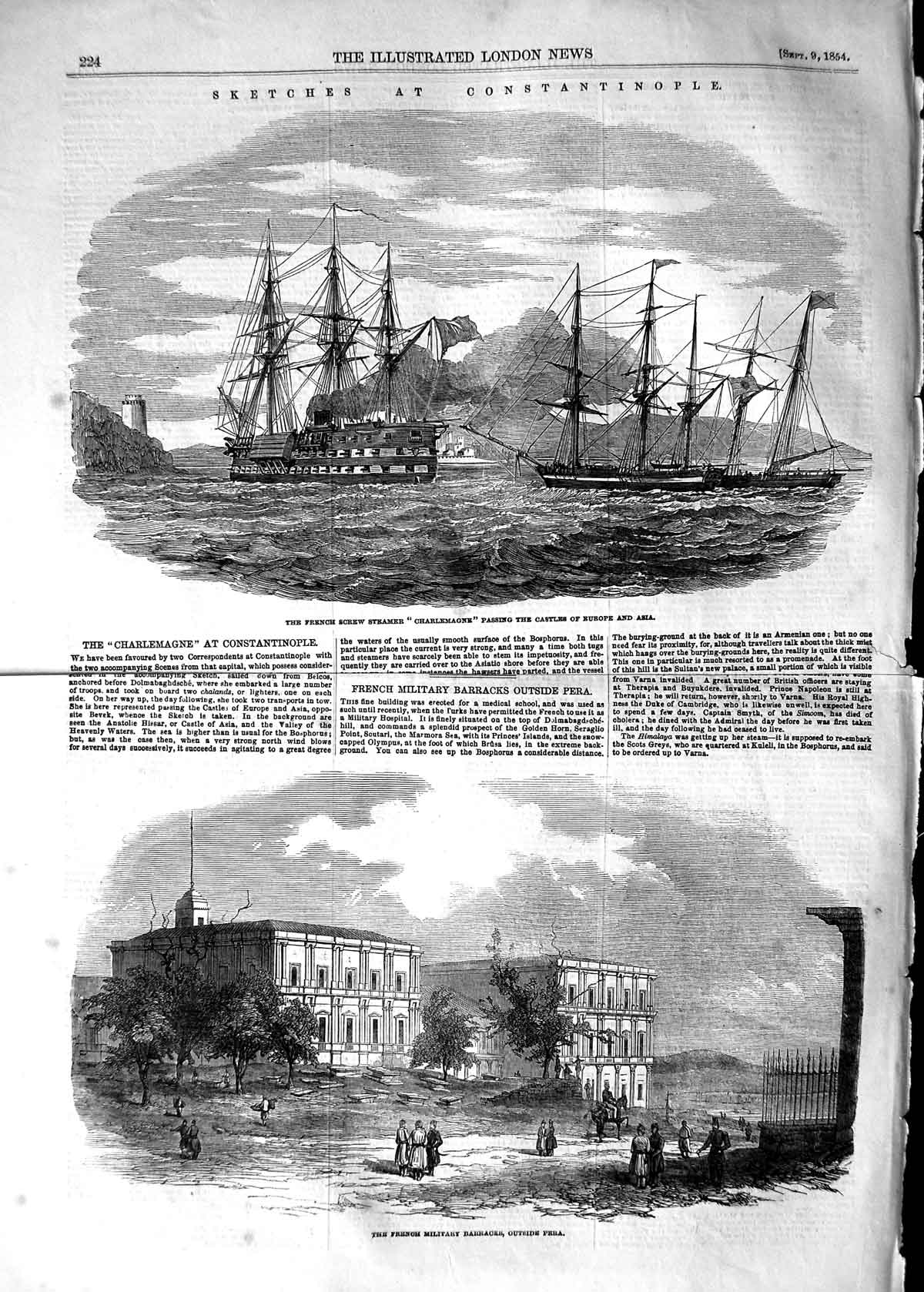 Old Antique Print 1854 Constantinople French Ship Charlemagne Asia Pera 19th