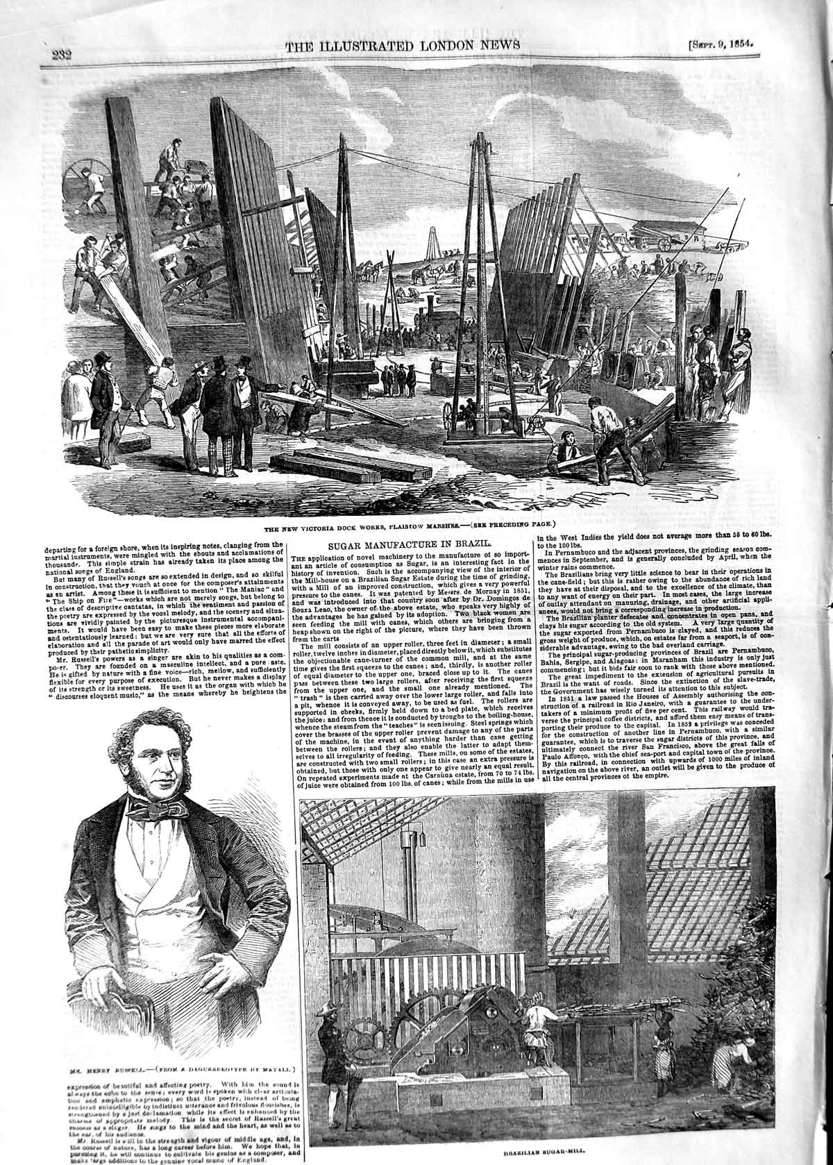 Old Antique Print 1854 Victoria Dock Plaistow Marshes Russell Sugar-Mill 19th