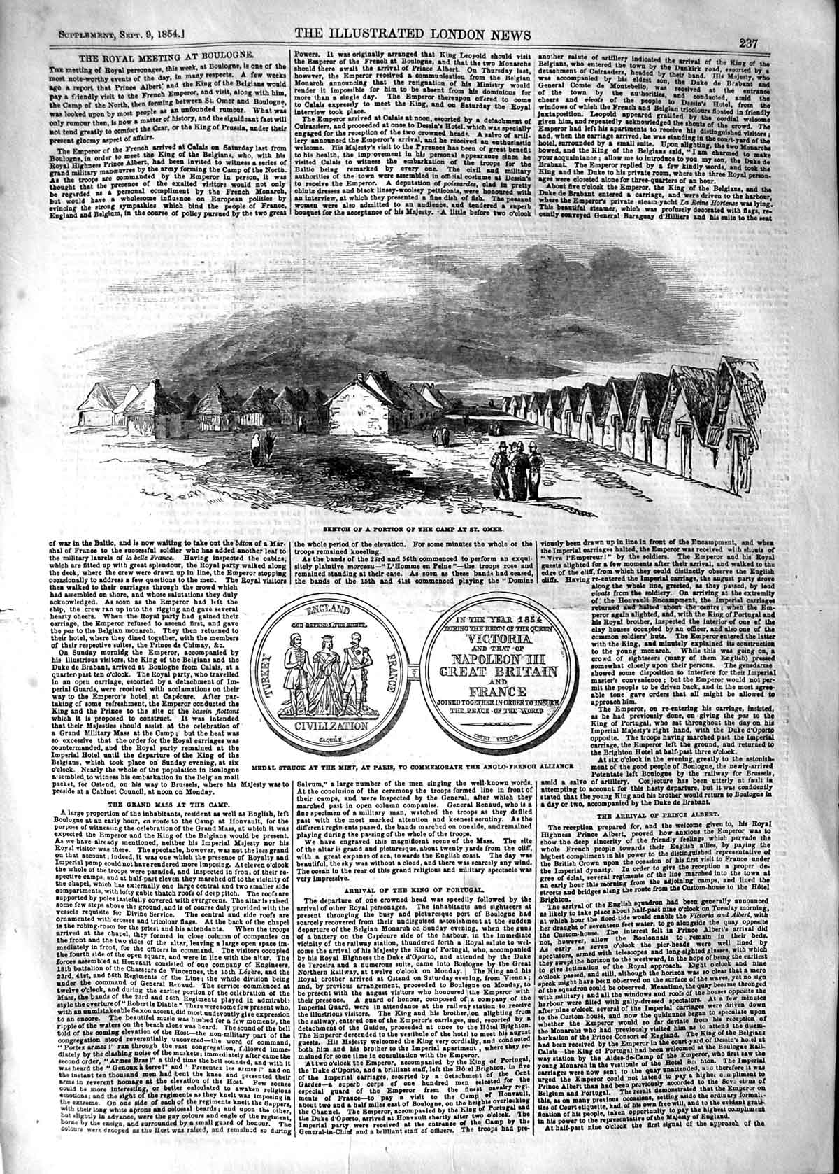 Original Old Antique Print 1854 War Camp St. Omer Medal Mint Paris Anglo-French