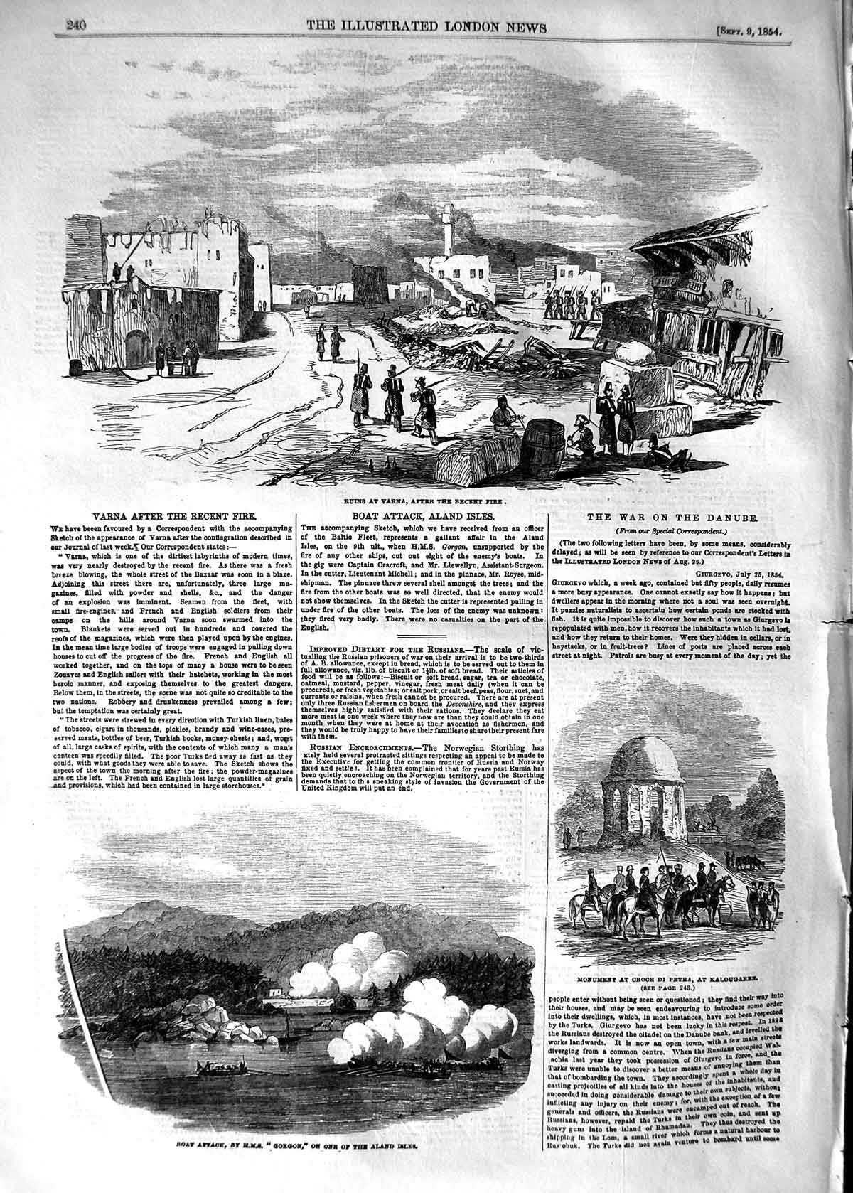 Original Old Antique Print 1854 Varna Ruins Boat Attack Ship Gorgon Kalougaren