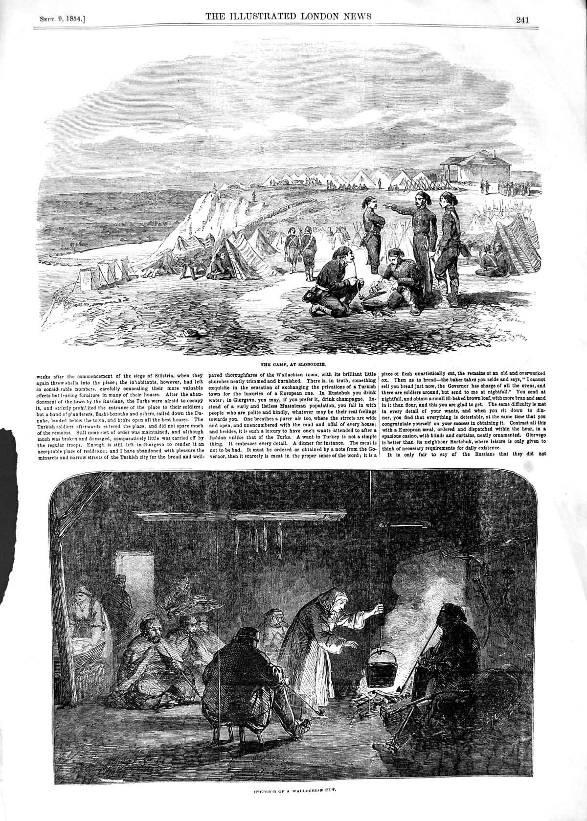 Original Old Antique Print 1854 War Camp Slobodzie Wallachian Hut Fire Family