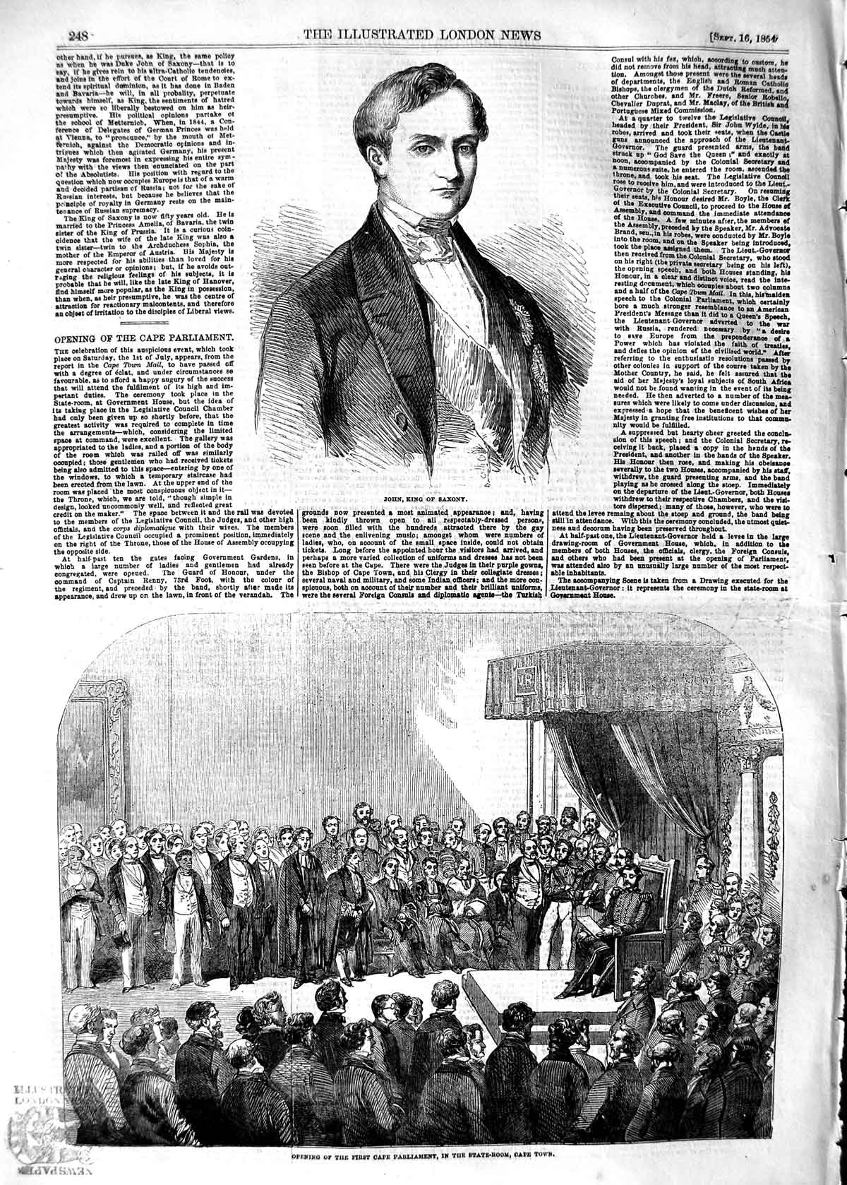 Old Antique Print 1854 John King Saxony Cape Parliament State-Room Town 19th