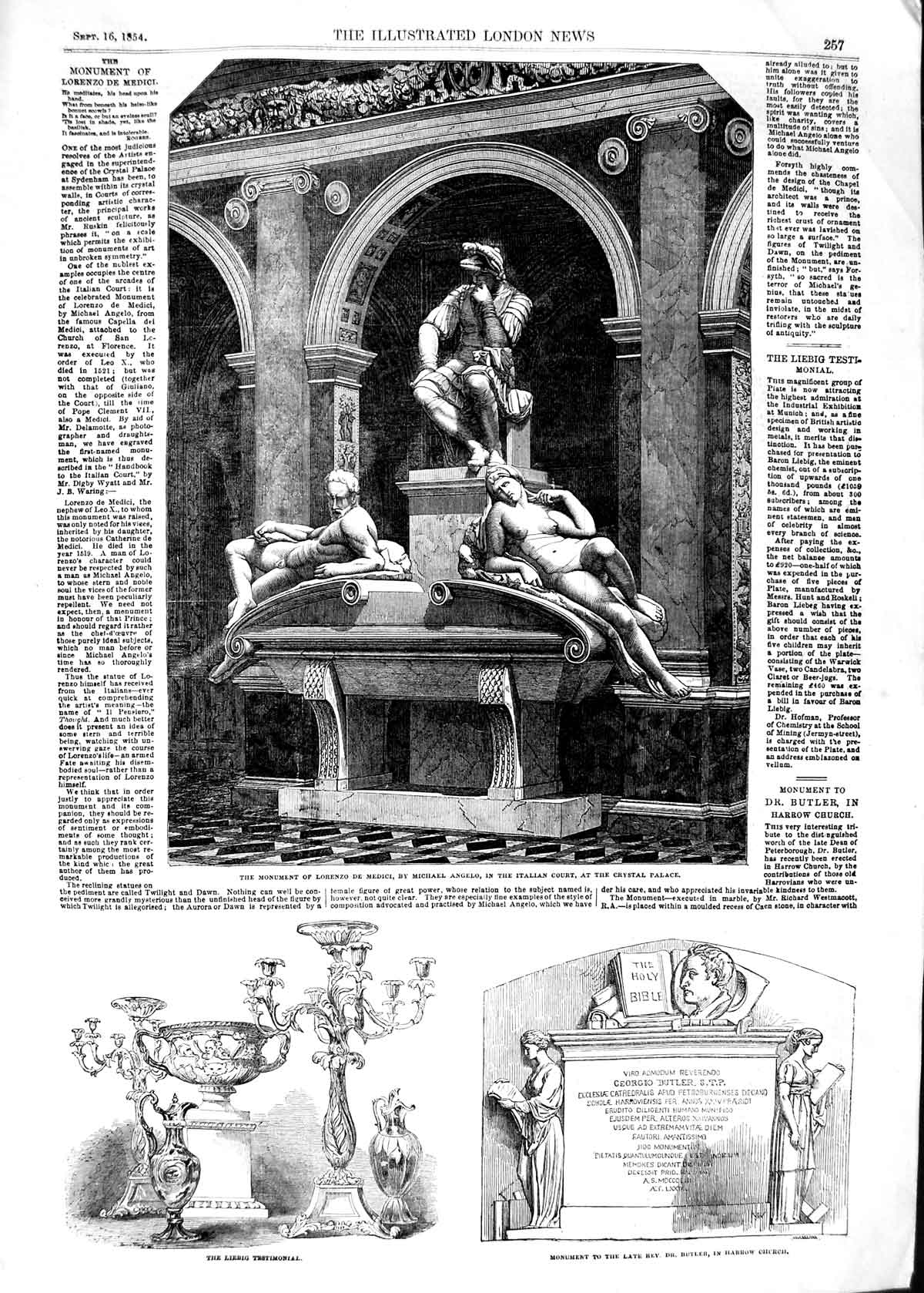 Original Old Antique Print 1854 Monument Lorenzo Medici Liebig Butler Harrow