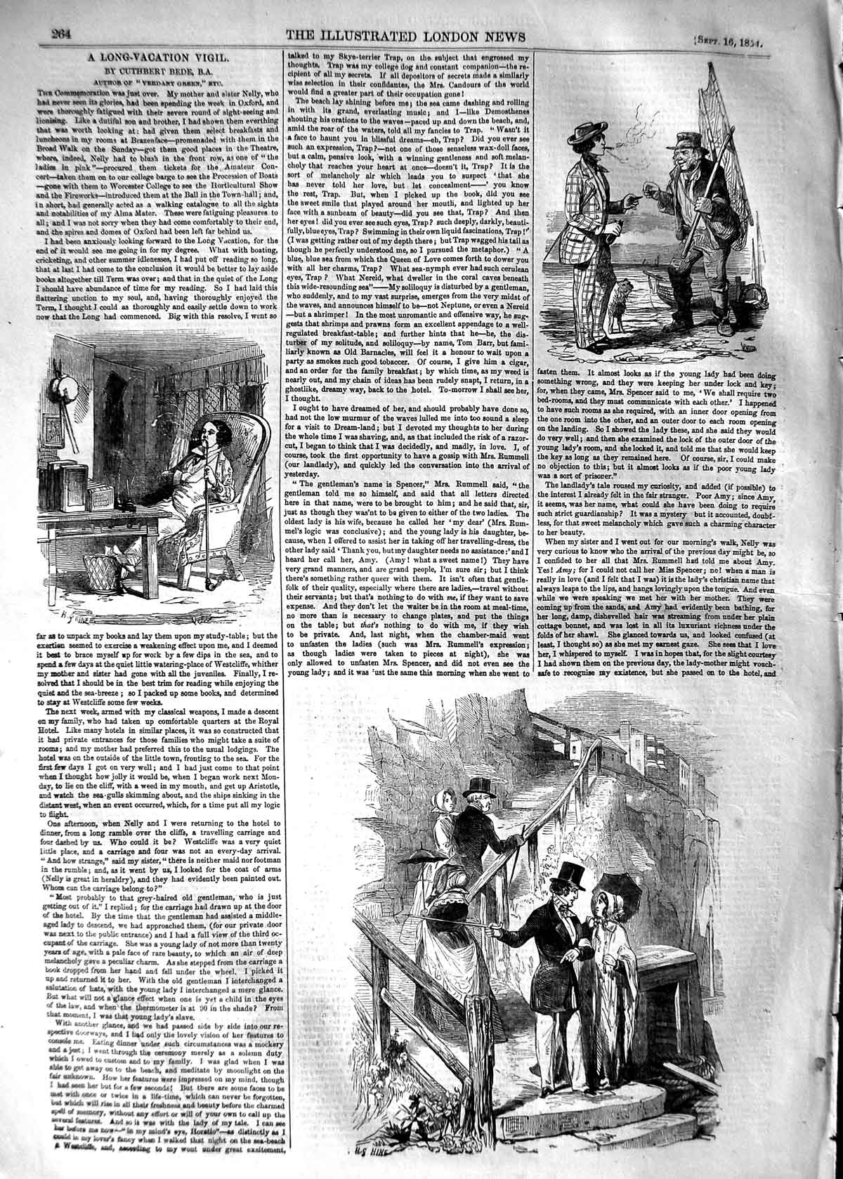 Original Old Antique Print 1854 Story Long Vacation Vigil Romance Victorian