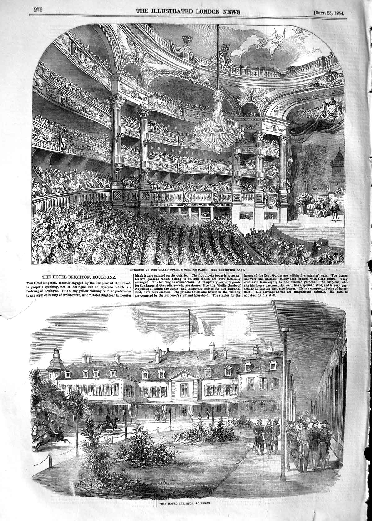 Original Old Antique Print 1854 Grand Opera House Paris Hotel Brighton Boulogne