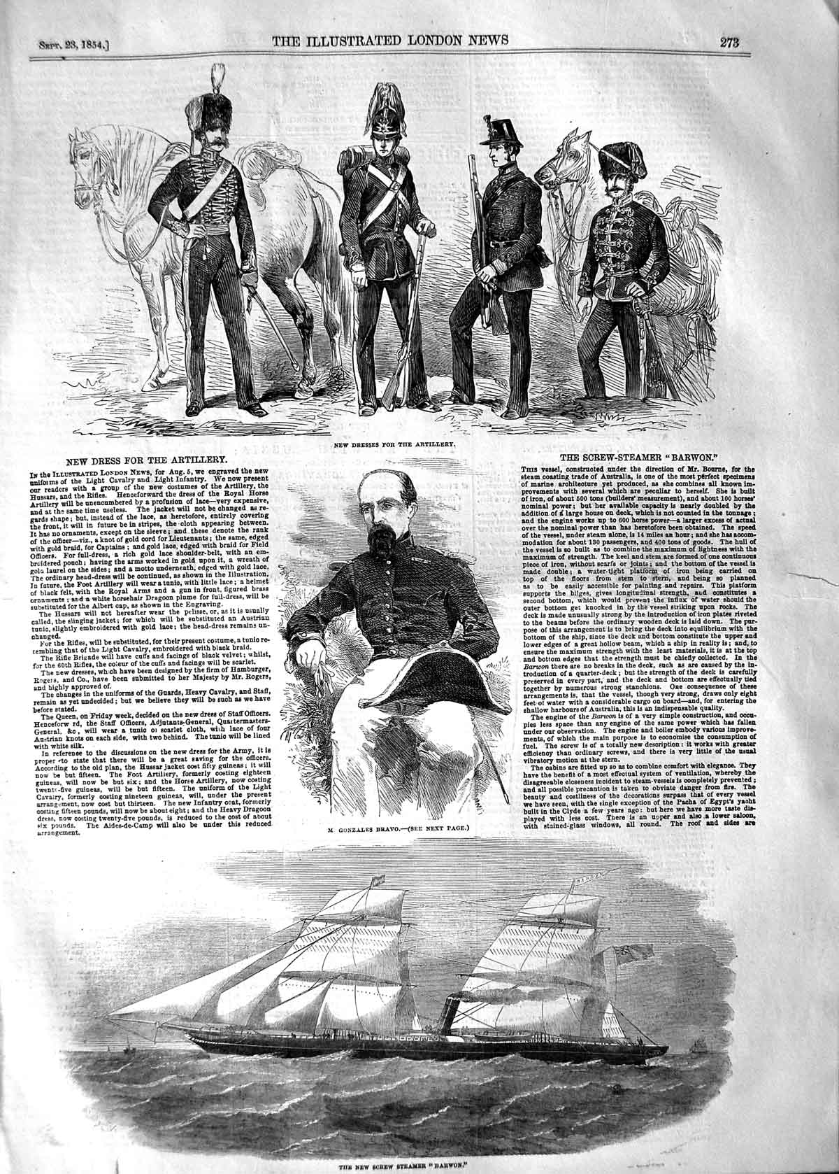Old Antique Print 1854 Screw Steamer Barwon Gonzales Bravo Artillery War 19th