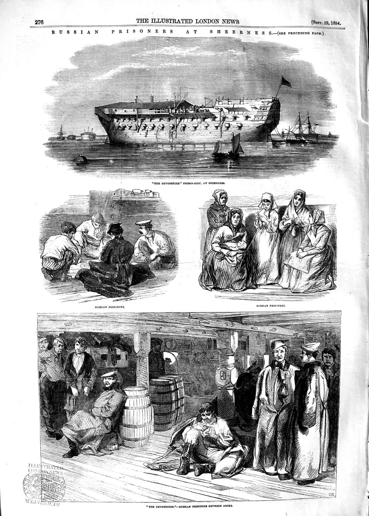 Original Old Antique Print 1854 Russian Prisoners Sheerness Devonshire Ship War