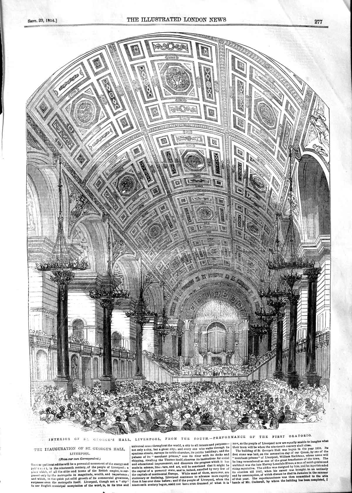 Original Old Antique Print 1854 Interior George'S Hall Liverpool First Oratorio