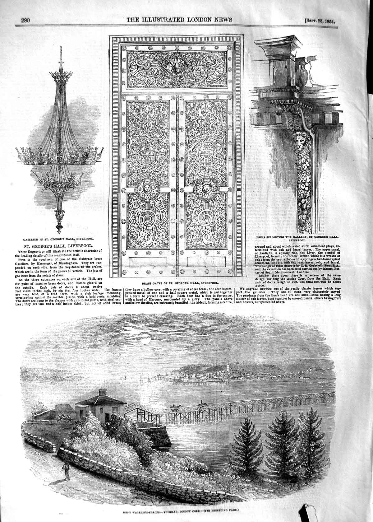 Old Antique Print 1854 Ireland Youghal Cork Gate George'S Hall Liverpool 19th