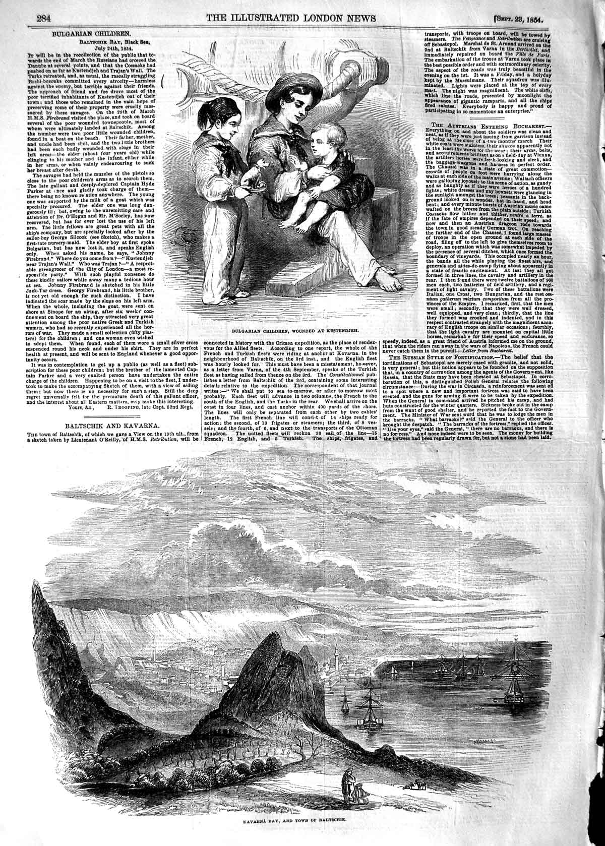 Original Old Antique Print 1854 Bulgarian Children Kustendjeh Kavarna Bay Town