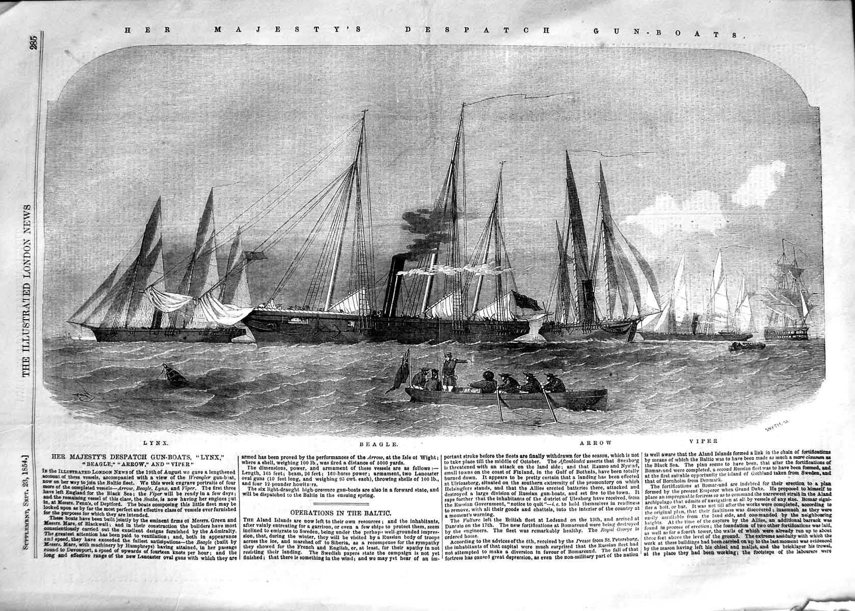 Old Antique Print 1854 Queen Gun Ships Lynx Beagle Arrow Viper Gun-Boats 19th