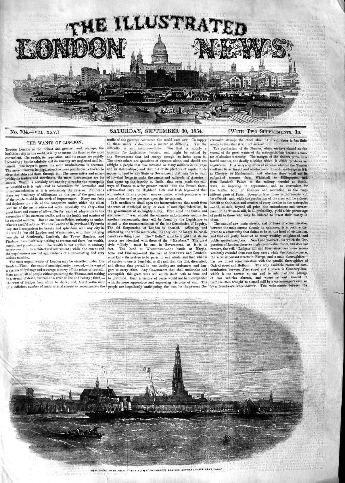 Original Old Antique Print 1854 Aquila Steam Ship Antwerp Belgium Sea Boats